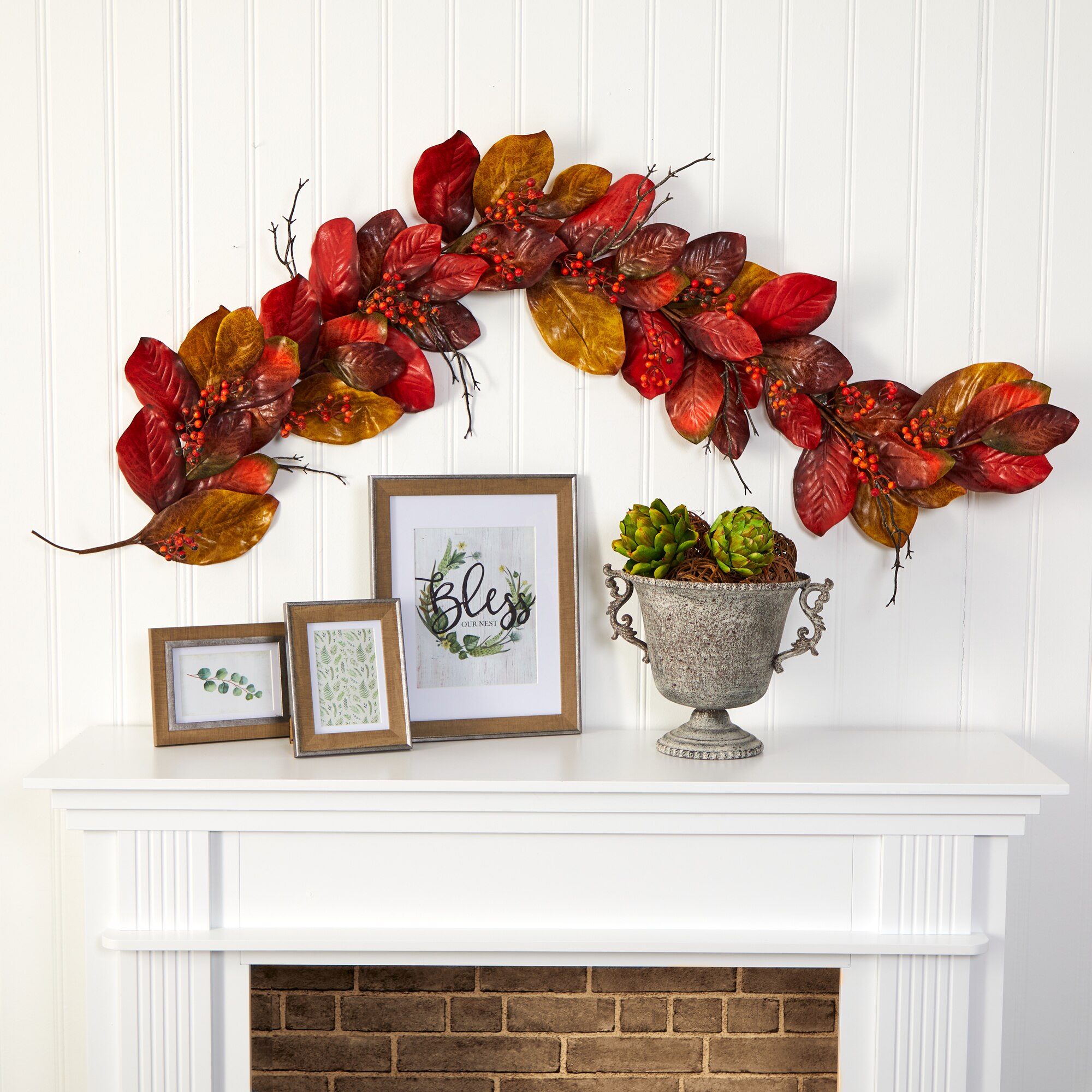 6 Ft Autumn Magnolia Leaf Artificial Garland with Realistic Berries Fall Decor - Image 3