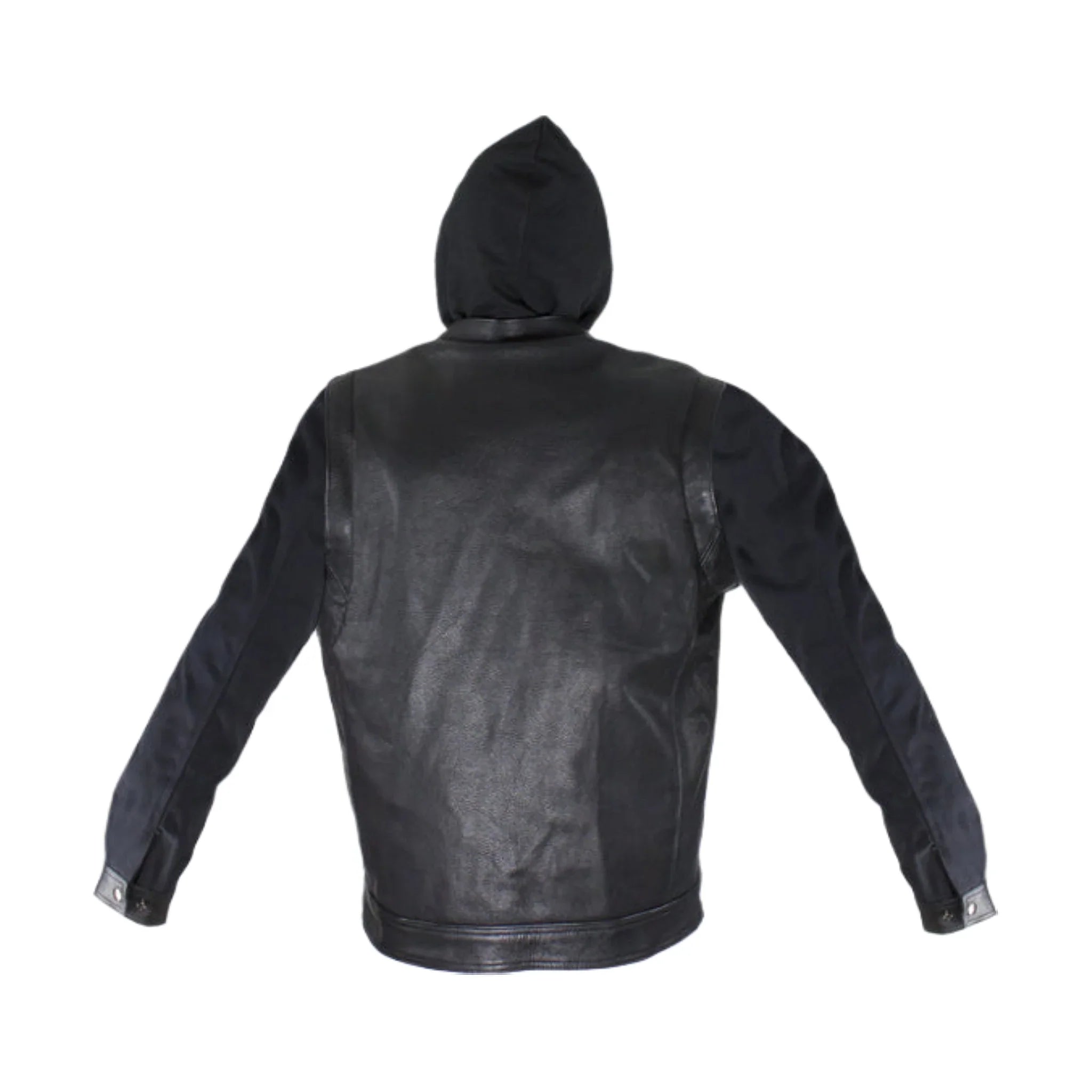 Black Leather Jacket Naked Cowhide Removable Canvas Sleeves Hoodie Concealed Gun - Image 3