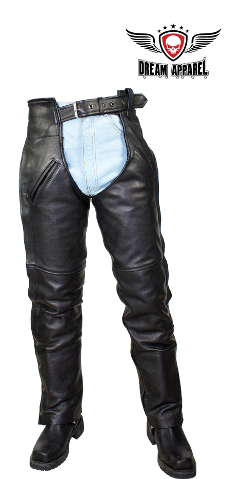 Black Split Cowhide Leather Motorcycle Chaps with Mesh Lining and Pockets - Image 3