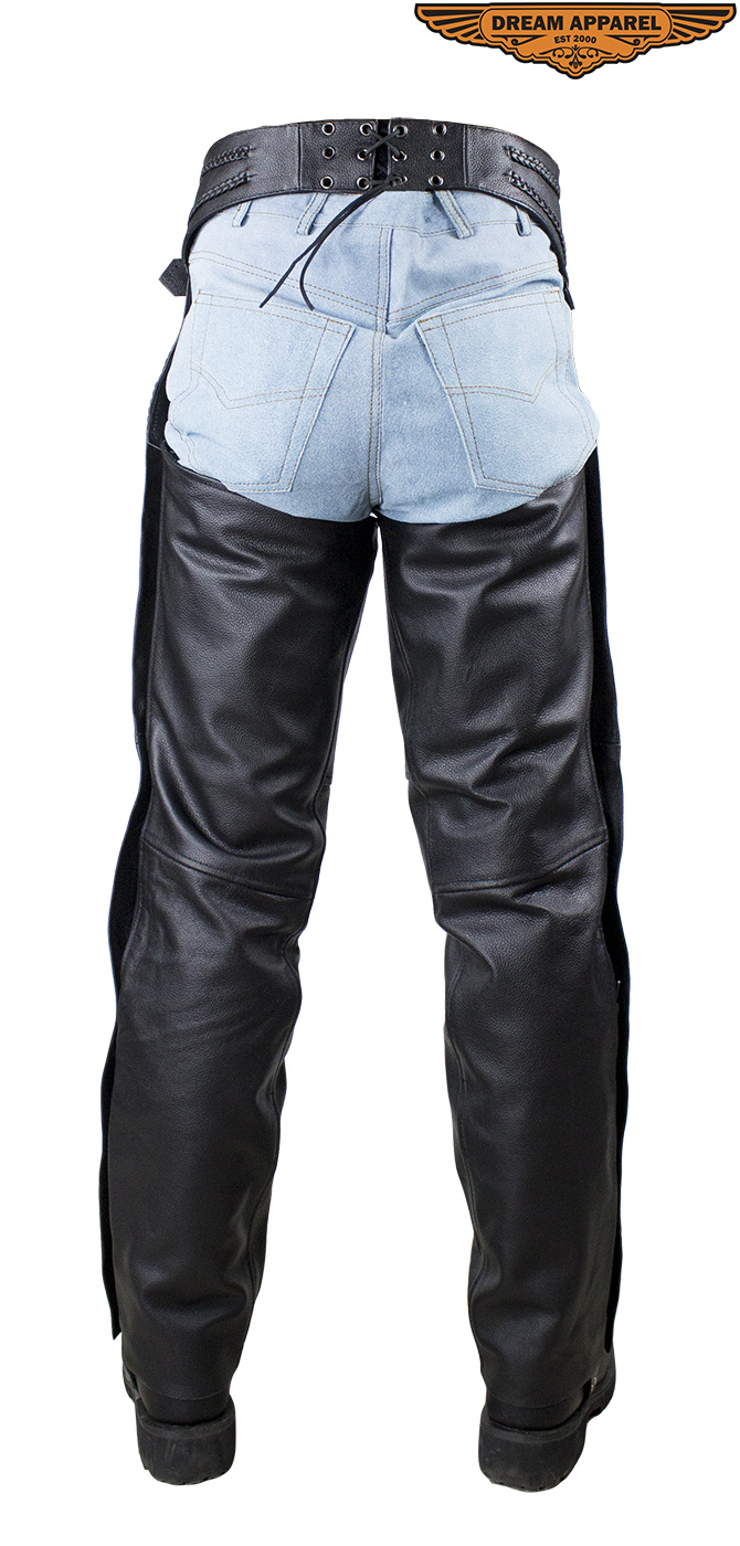 Braided Black Split Leather Chaps with Mesh Zipout Lining and Side Zipper - Image 3
