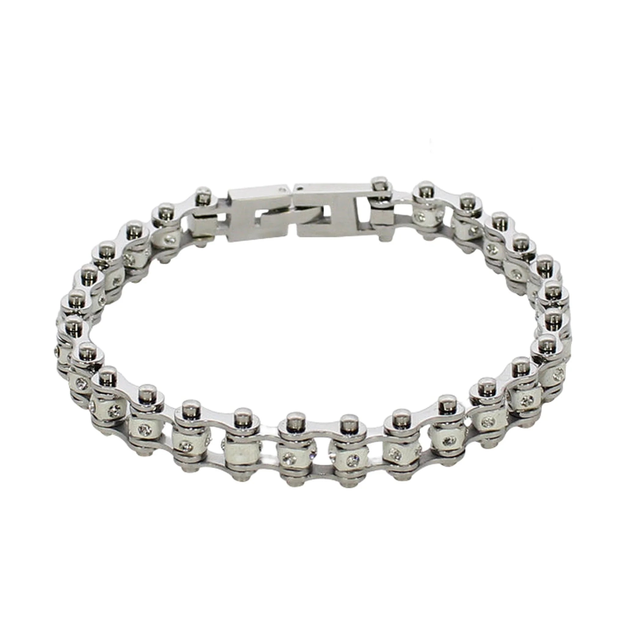 Chrome Plated And White Squared Motorcycle Bracelet With Clear Gemstones - Image 3