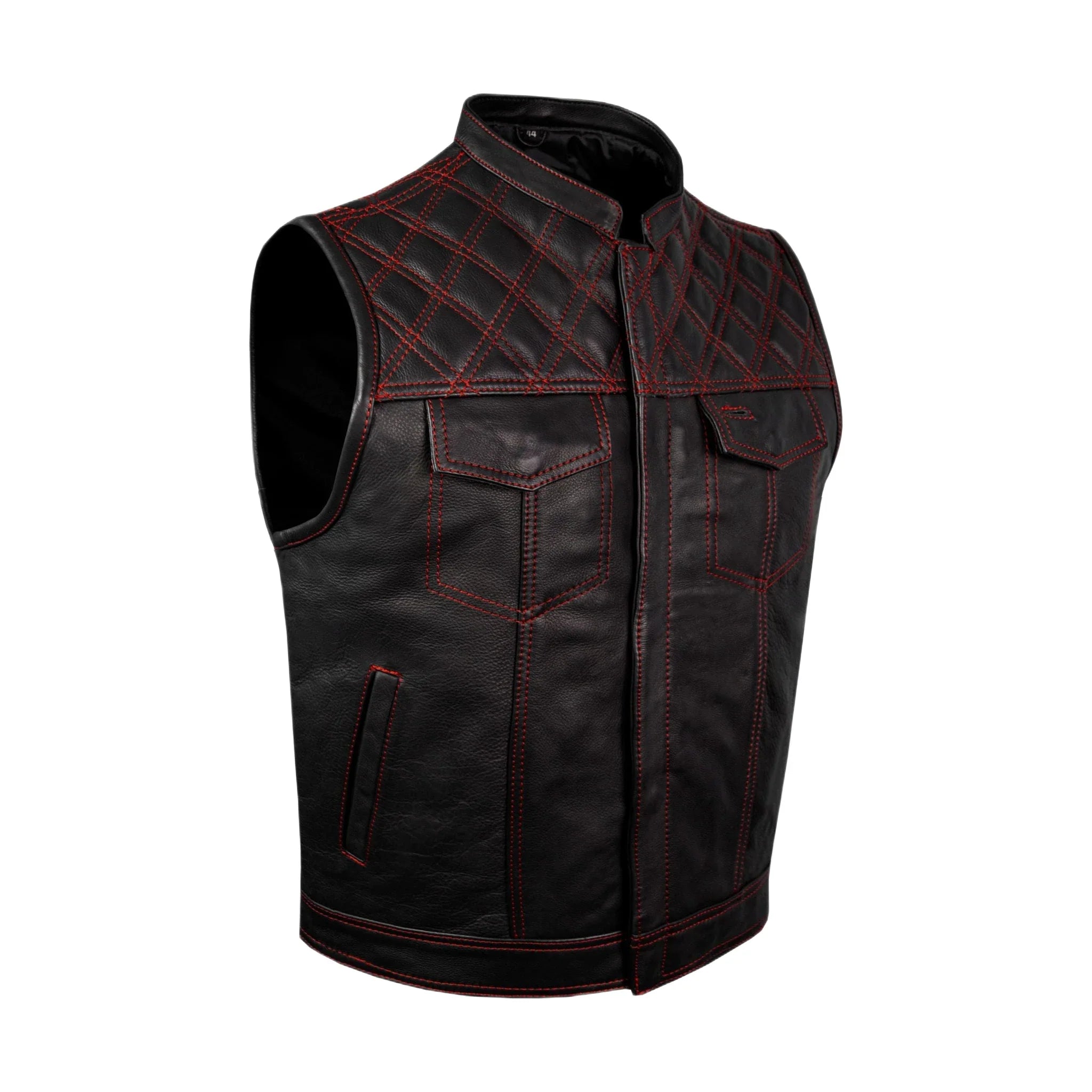 Mens Naked Leather Motorcycle Club Vest Red Thread Zipper Front, Diamond Padding - Image 3