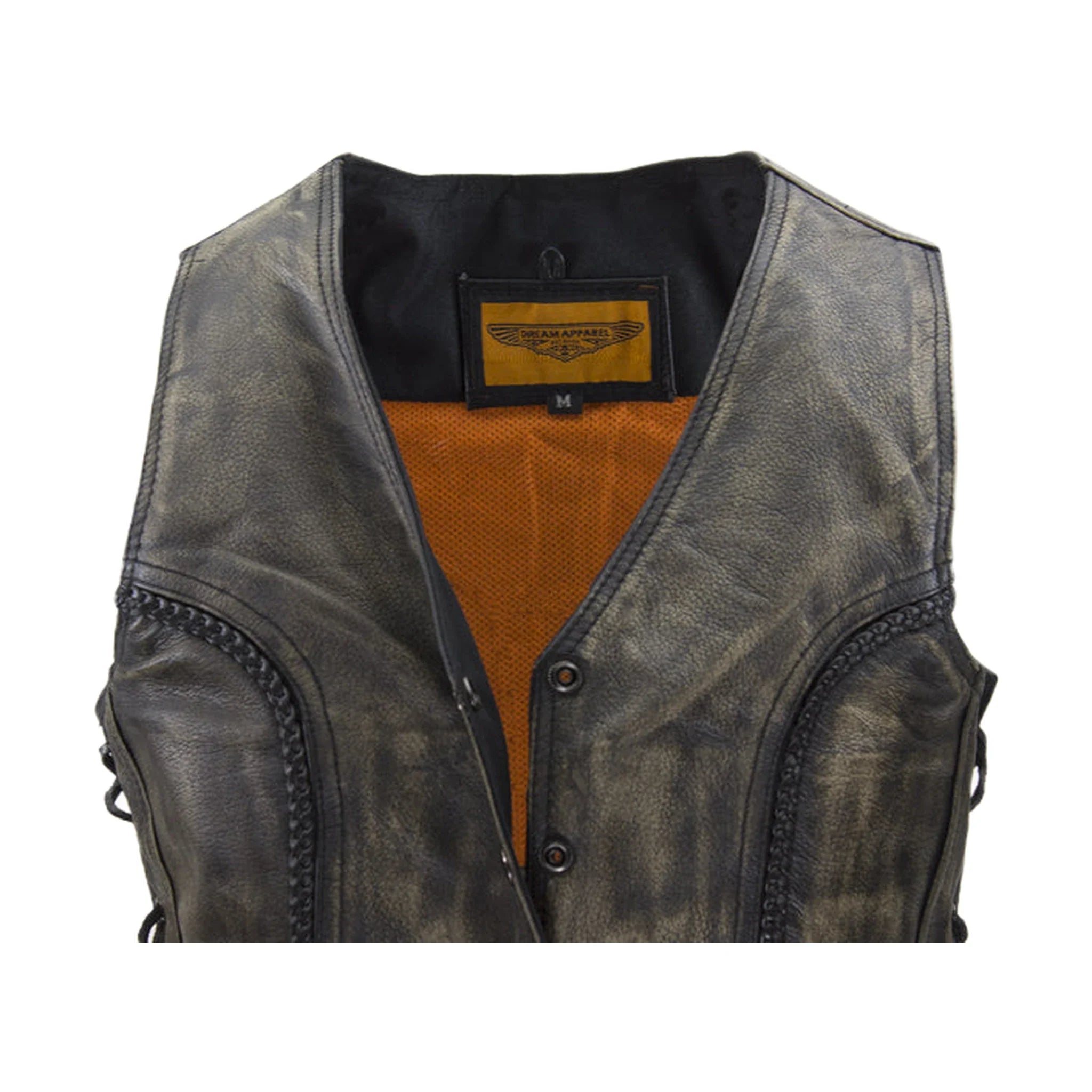 Dream Apparel Womens Longer Cut Distressed Brown Cowhide Leather Motorcycle Vest - Image 3