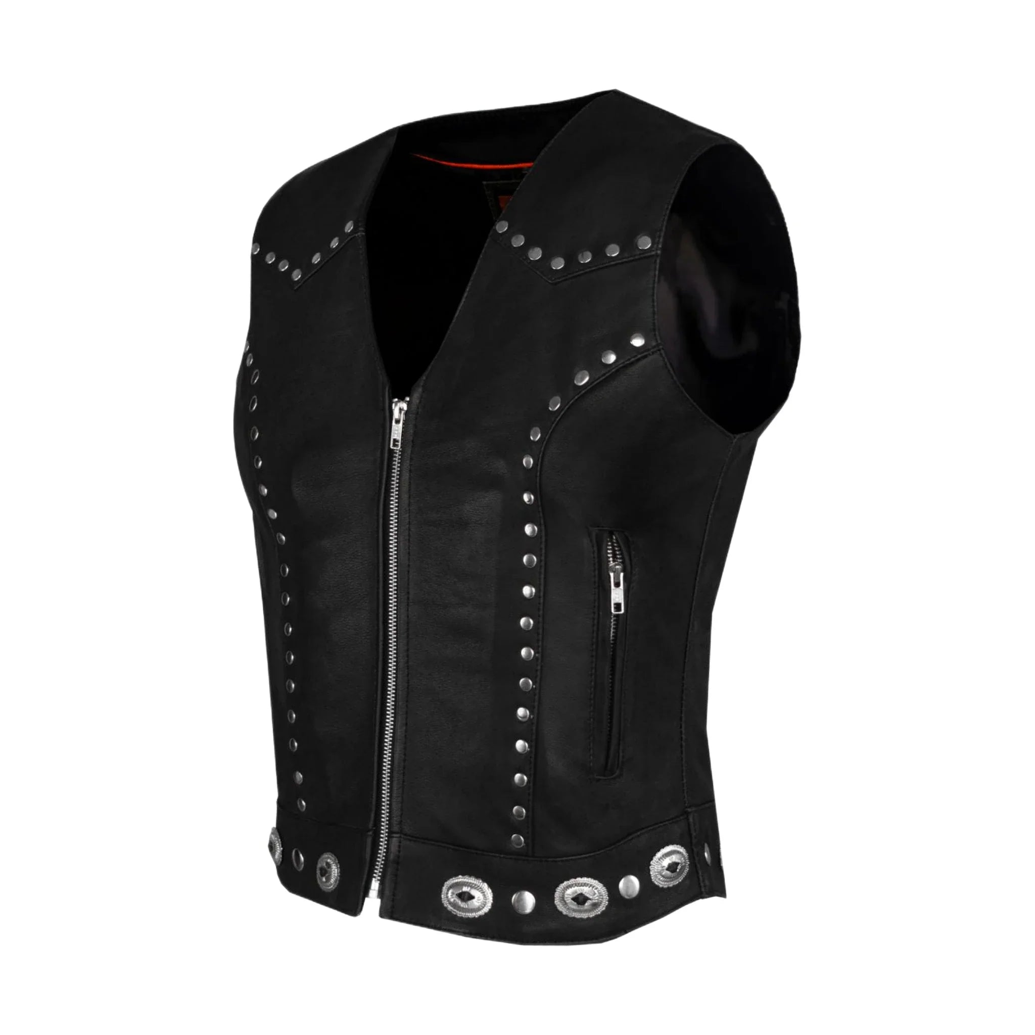 Womens Studded Decorative Conchos Leather Motorcycle Vest With Concealed Pockets - Image 3