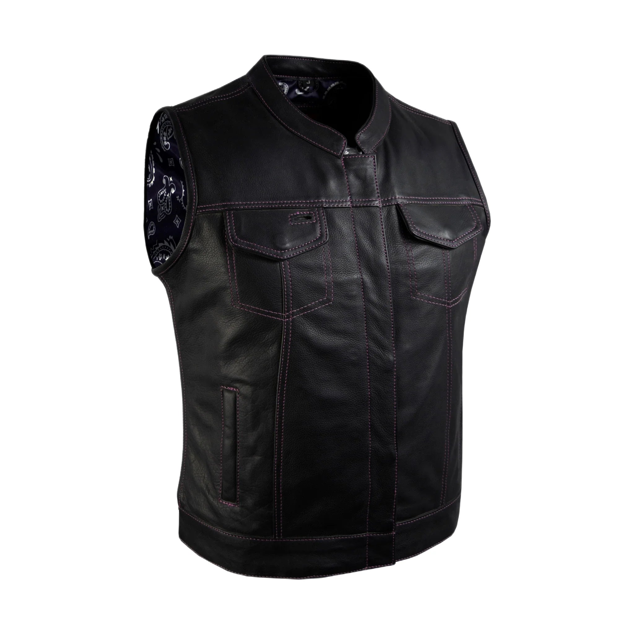 Ladies Motorcycle Leather CLUB VEST Premium Cowhide Leather Purple Paisley Lined - Image 3