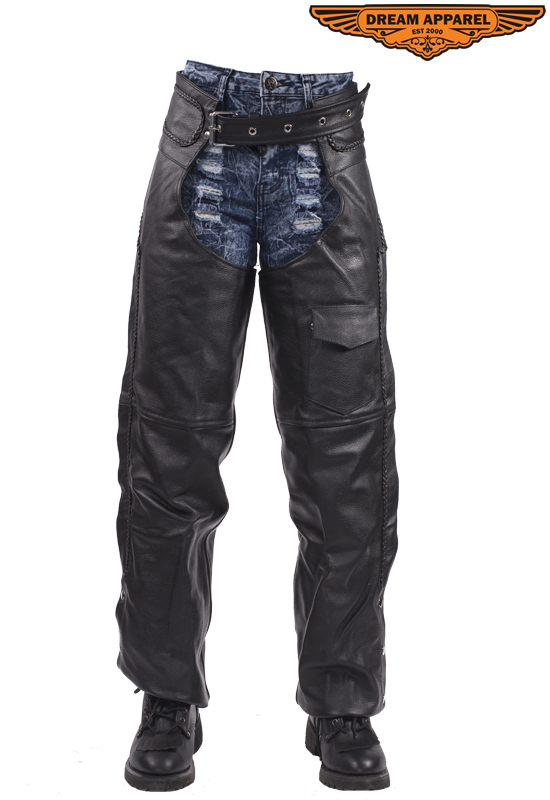 Leather Braided Motorcycle Chaps Black Cowhide Heavy Duty Quilted Lining - Image 3