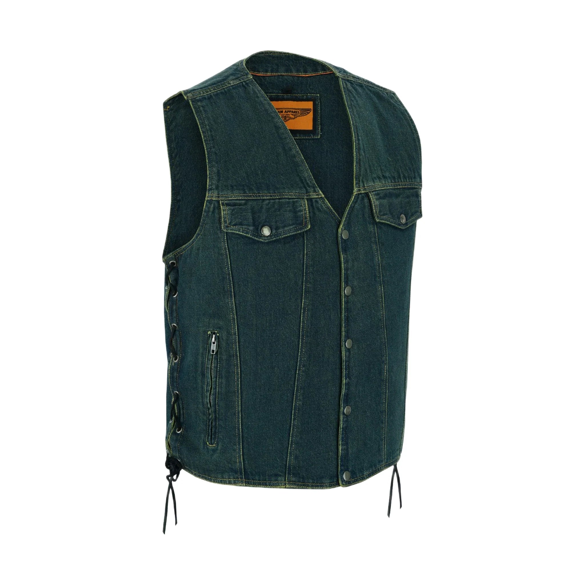 Motorcycle Denim Vest Side Laces V-collar Front Zipper Pockets - Image 3