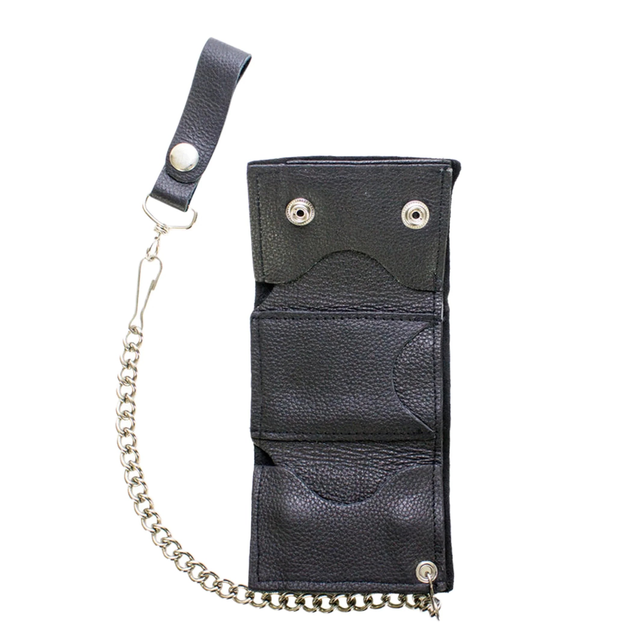 Leather Biker Tri-Fold Wallet Black Heavy Duty Cowhide Chain Strap - Image 3
