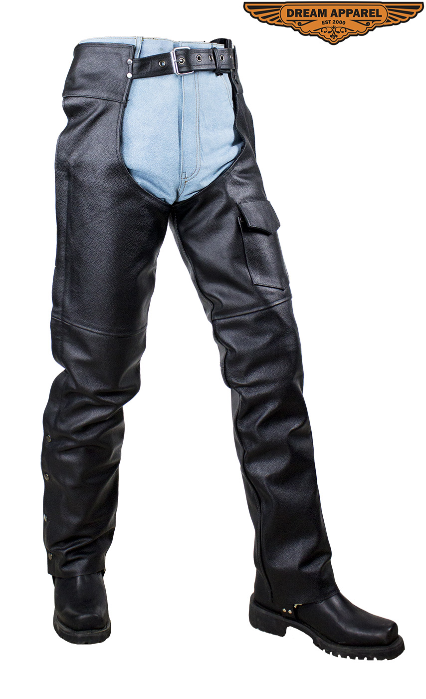 Black Naked Cowhide Leather Motorcycle Chaps with Mesh Lining Zippered Side - Image 3
