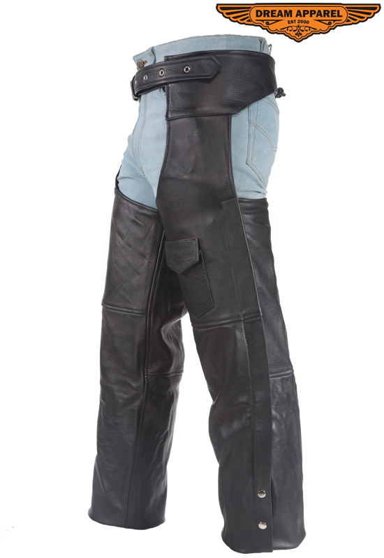 Leather Chaps Black Top Grain Split Cowhide Zipper Snap Leg Straps - Image 3