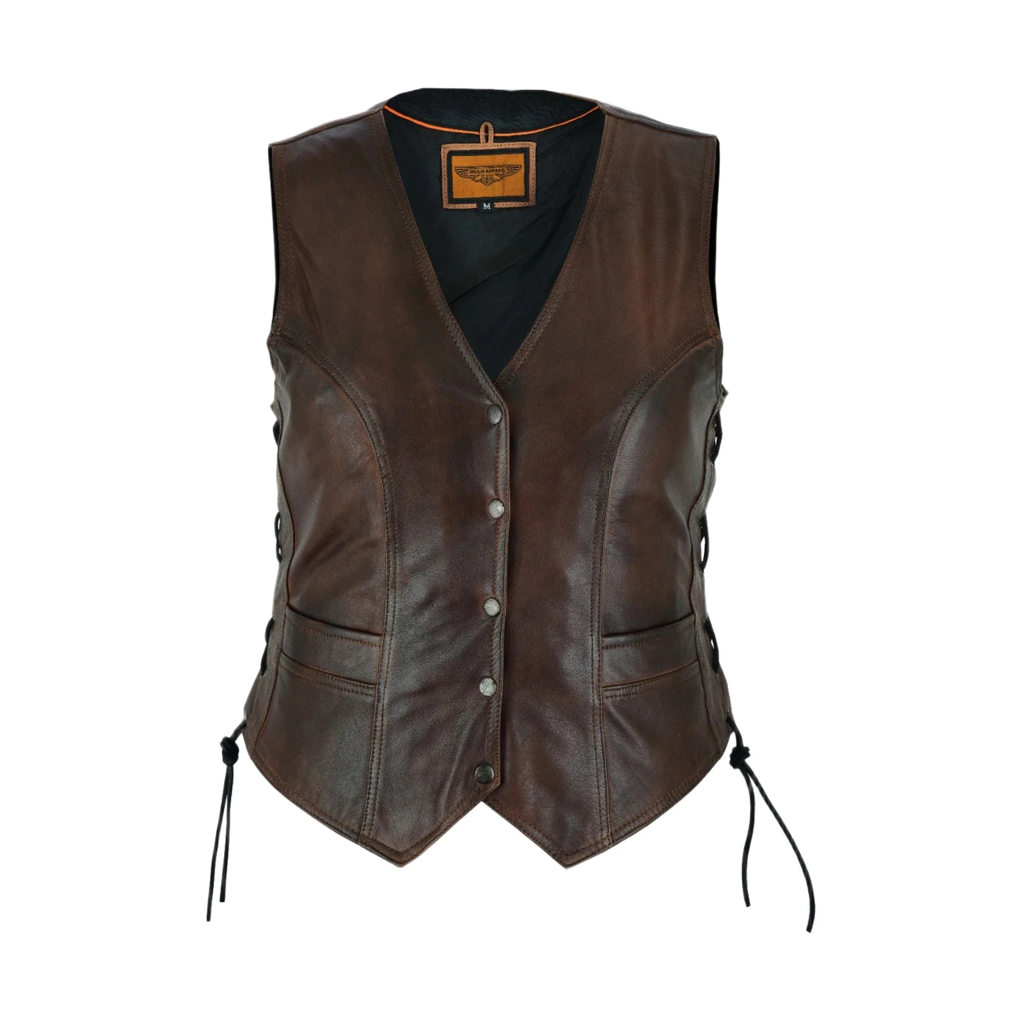 Womens Brown Cowhide Leather Motorcycle Vest Side Laces - Image 3