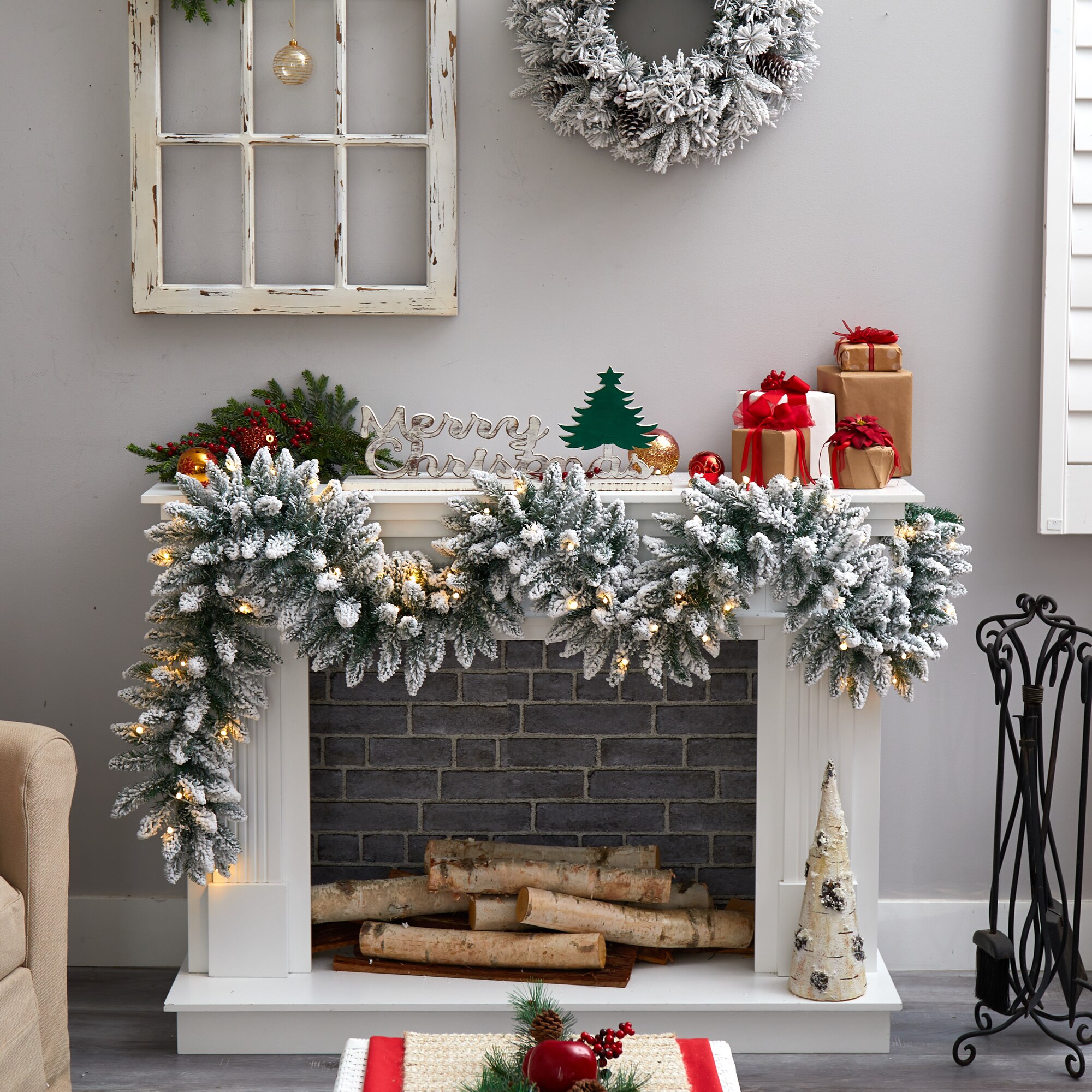 9 Foot Flocked Christmas Garland with 50 Warm White LED Lights Holiday Decor - Image 3