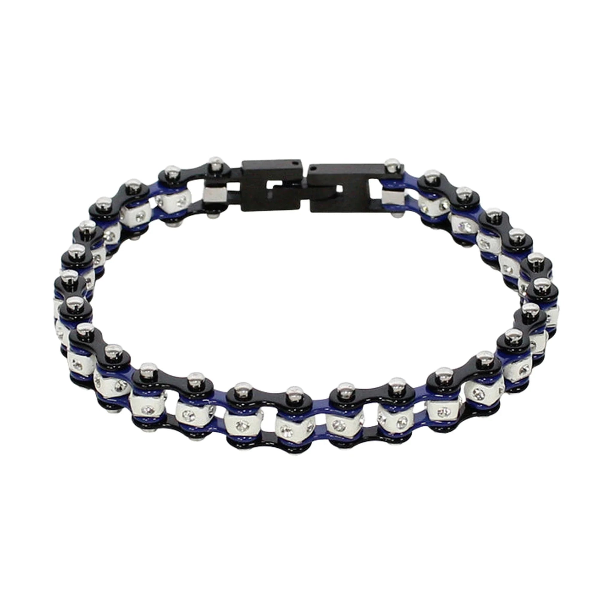 Black Chrome and Blue Squared Motorcycle Bracelet With Clear Gemstones - Image 4