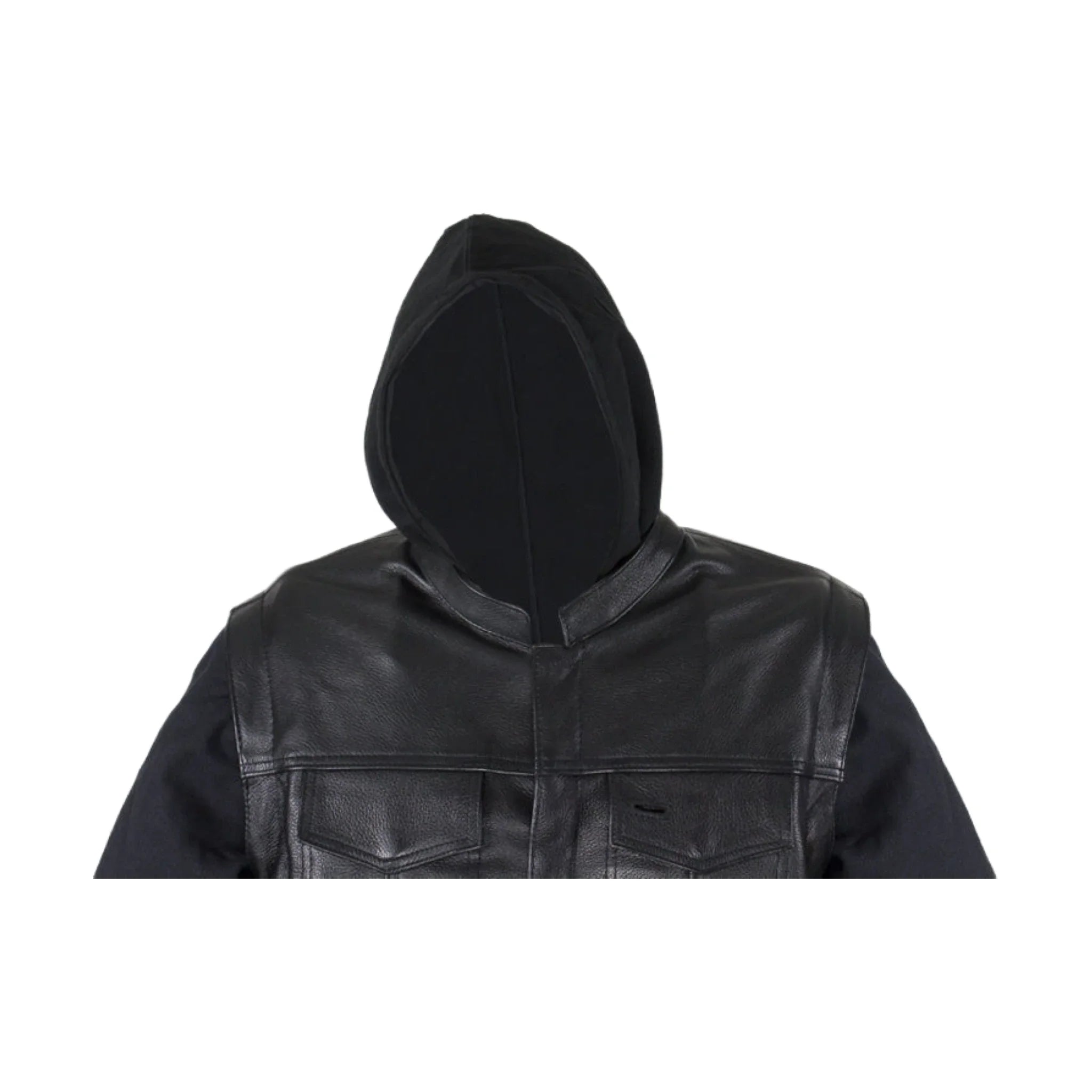 Black Leather Jacket Naked Cowhide Removable Canvas Sleeves Hoodie Concealed Gun - Image 4