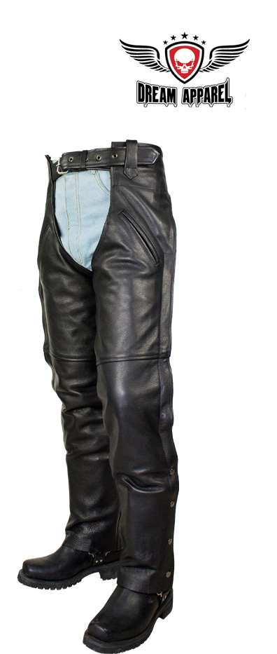 Black Split Cowhide Leather Motorcycle Chaps with Mesh Lining and Pockets - Image 4