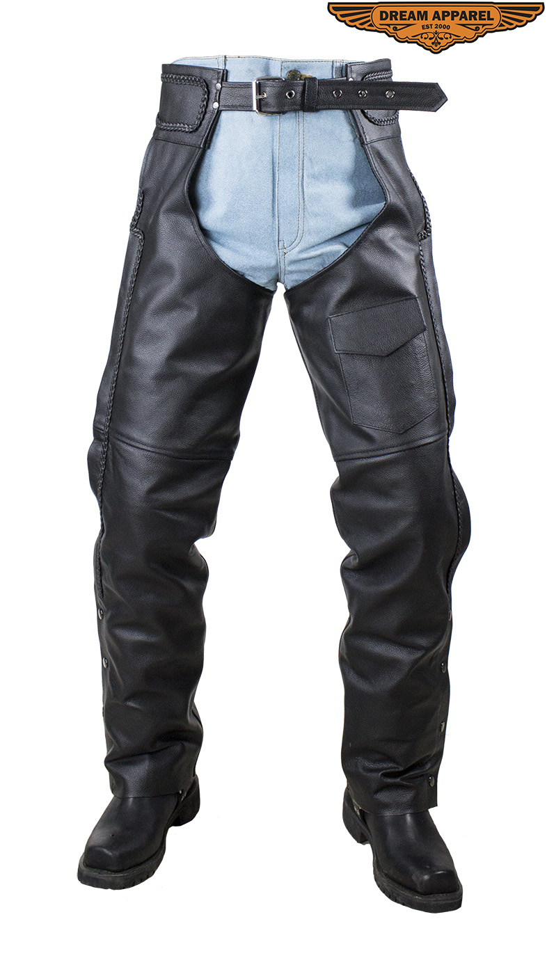 Braided Black Split Leather Chaps with Mesh Zipout Lining and Side Zipper - Image 4
