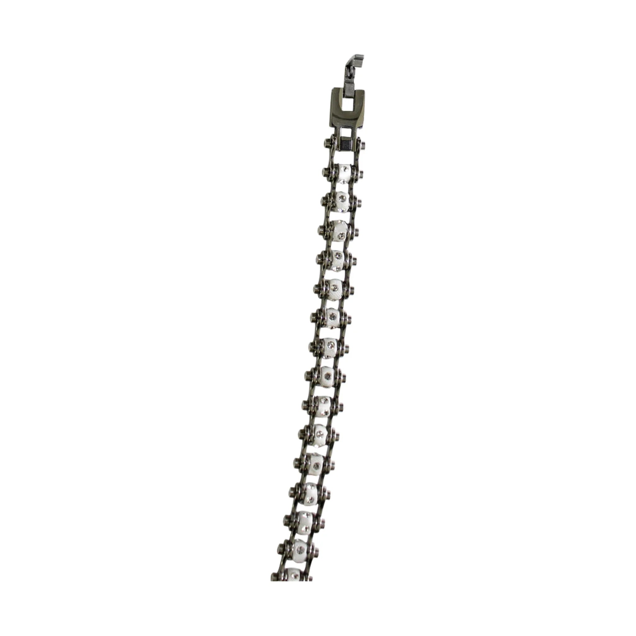 Chrome Plated And White Squared Motorcycle Bracelet With Clear Gemstones - Image 4