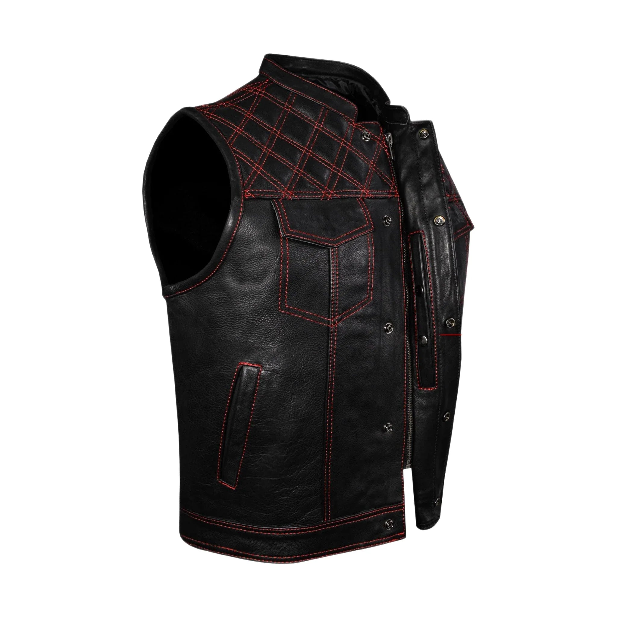 Mens Naked Leather Motorcycle Club Vest Red Thread Zipper Front, Diamond Padding - Image 4