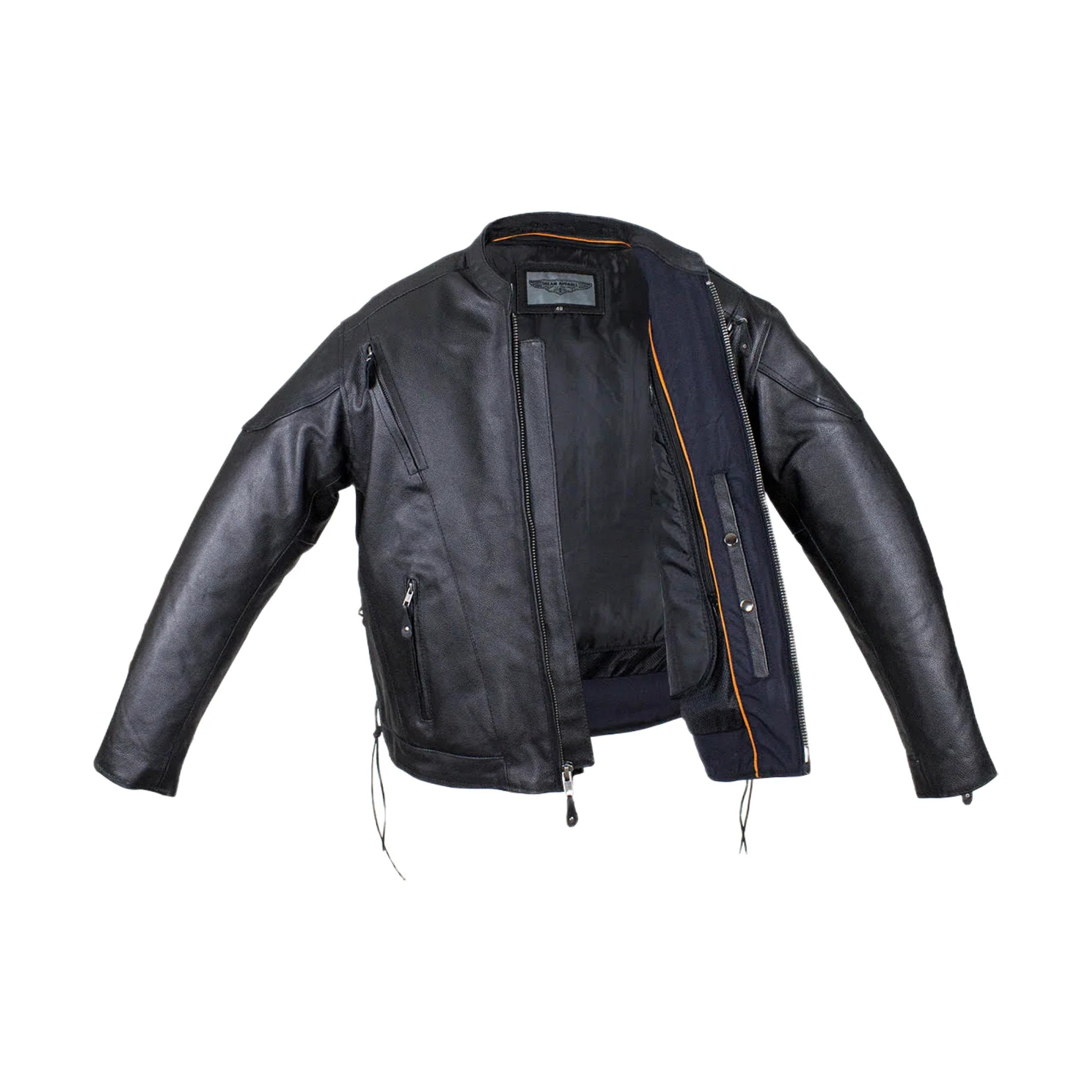 Mens Vented Racer Leather Jacket Side Laces Gun Pockets Zip Out Lining - Image 4