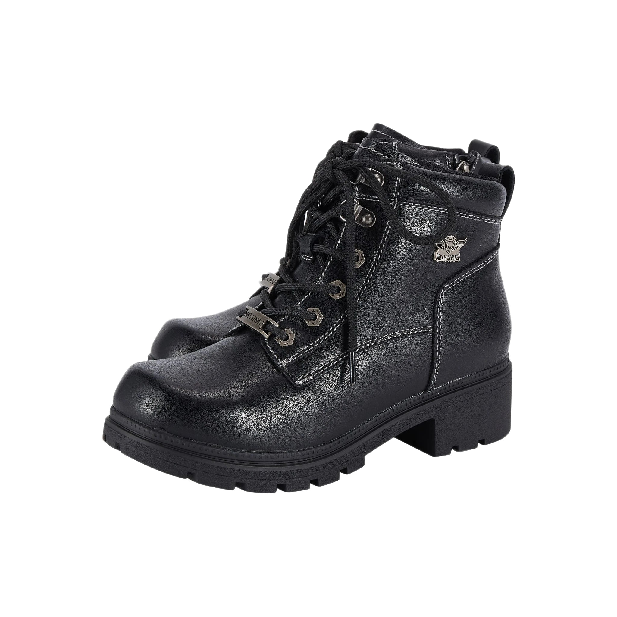 Women's Lace Up Motorcycle Riding Boots YKK Zipper Black Faux Leather Ankle - Image 4