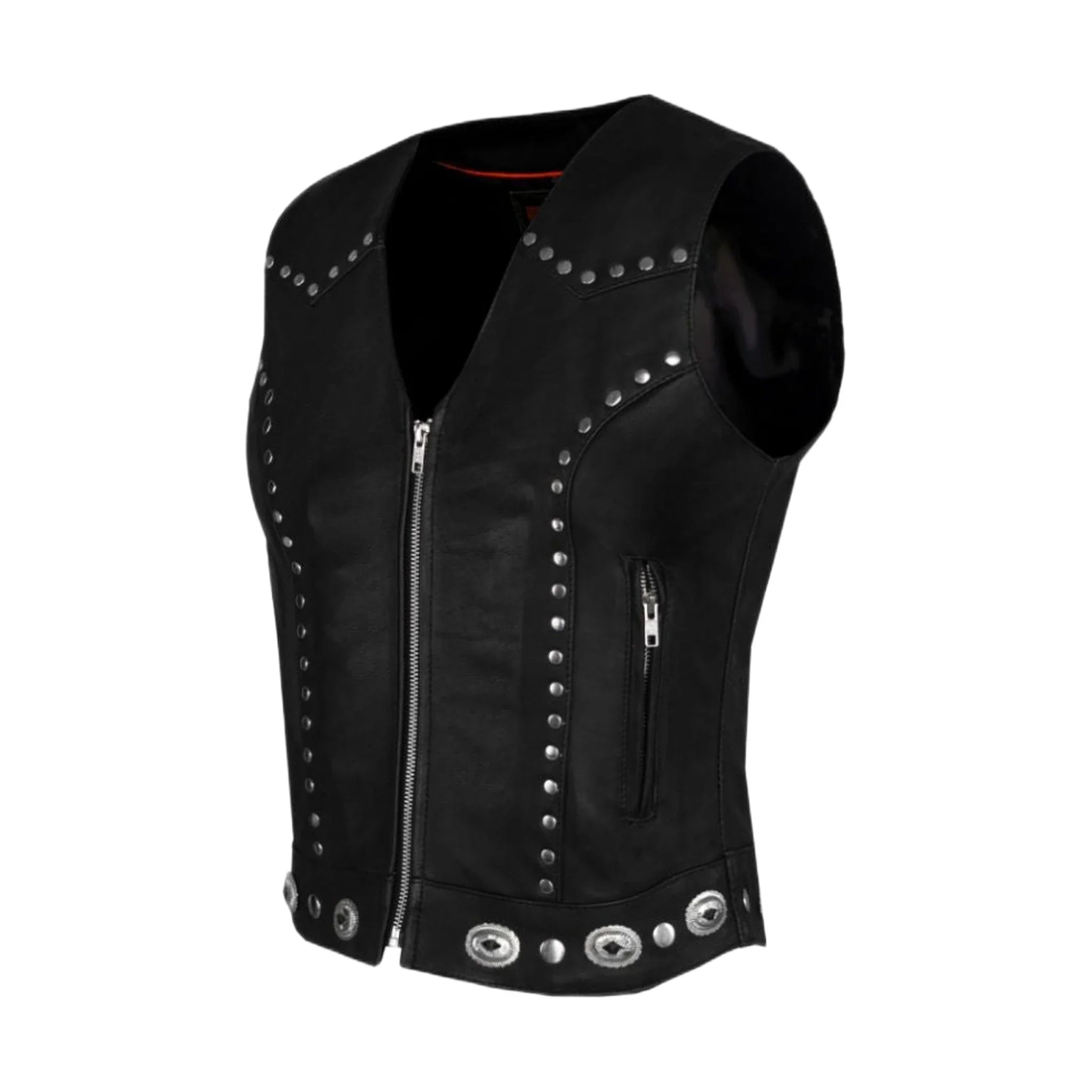 Womens Studded Decorative Conchos Leather Motorcycle Vest With Concealed Pockets - Image 4