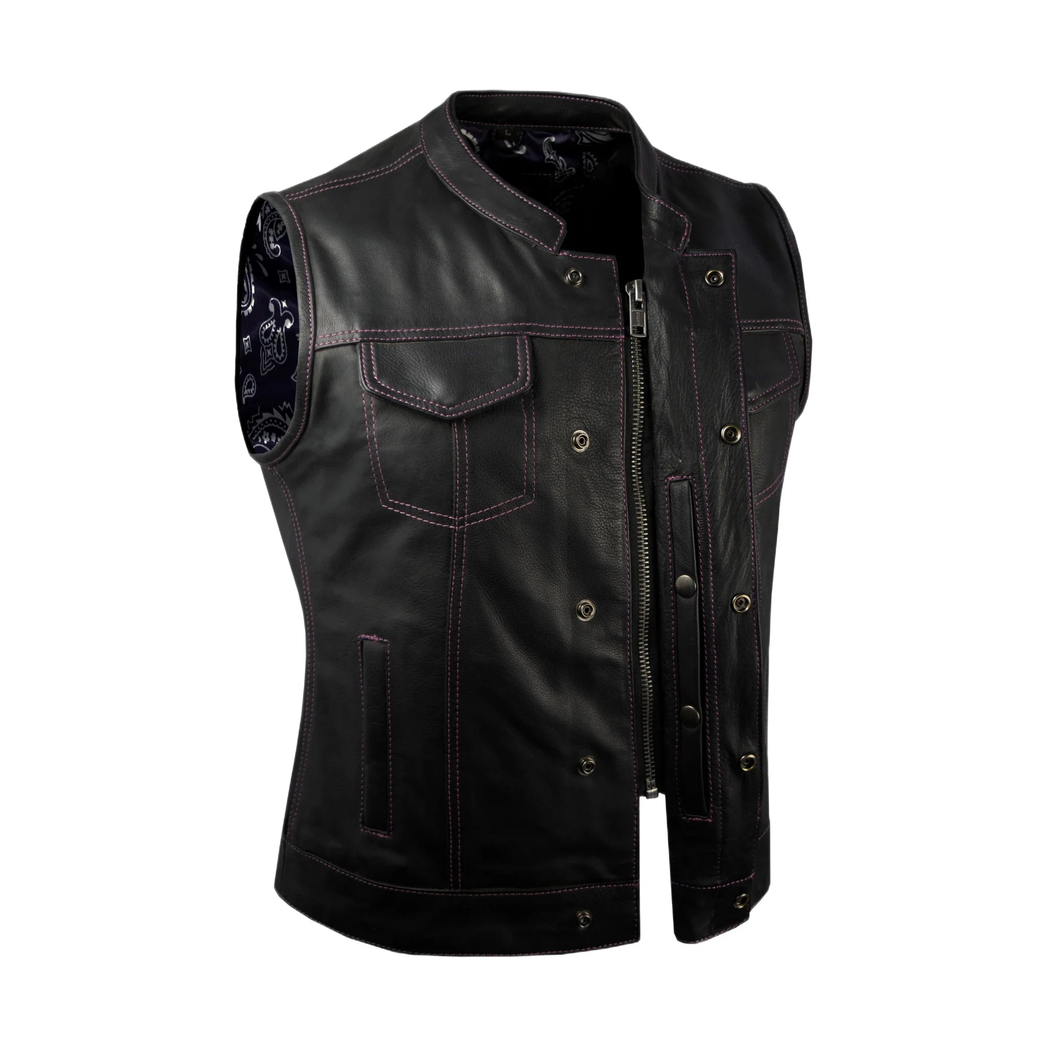 Ladies Motorcycle Leather CLUB VEST Premium Cowhide Leather Purple Paisley Lined - Image 4