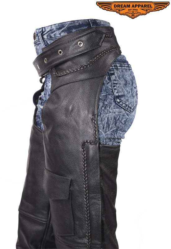 Leather Braided Motorcycle Chaps Black Cowhide Heavy Duty Quilted Lining - Image 4