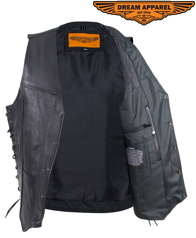 Men's Premium Cowhide Leather Vest Ten Pockets Concealed Carry Side Laces - Image 4