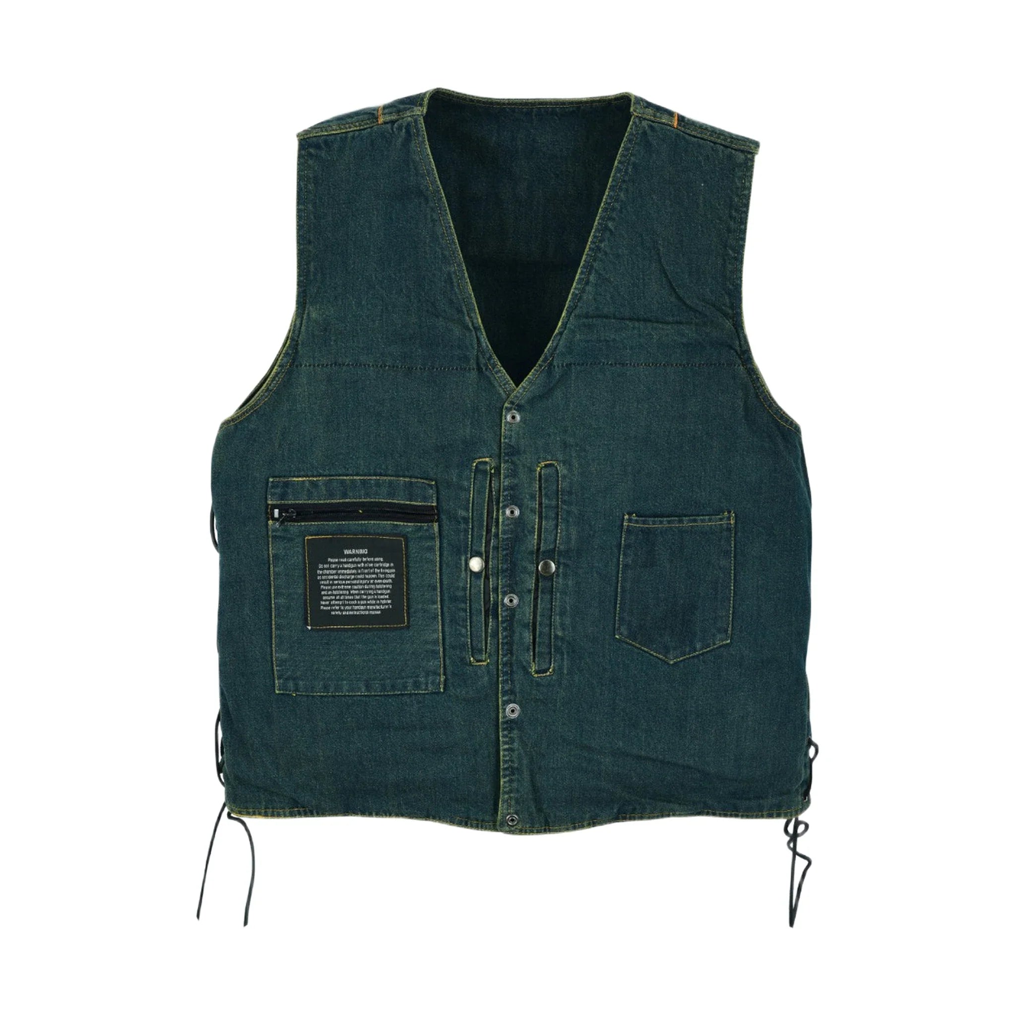 Motorcycle Denim Vest Side Laces V-collar Front Zipper Pockets - Image 4