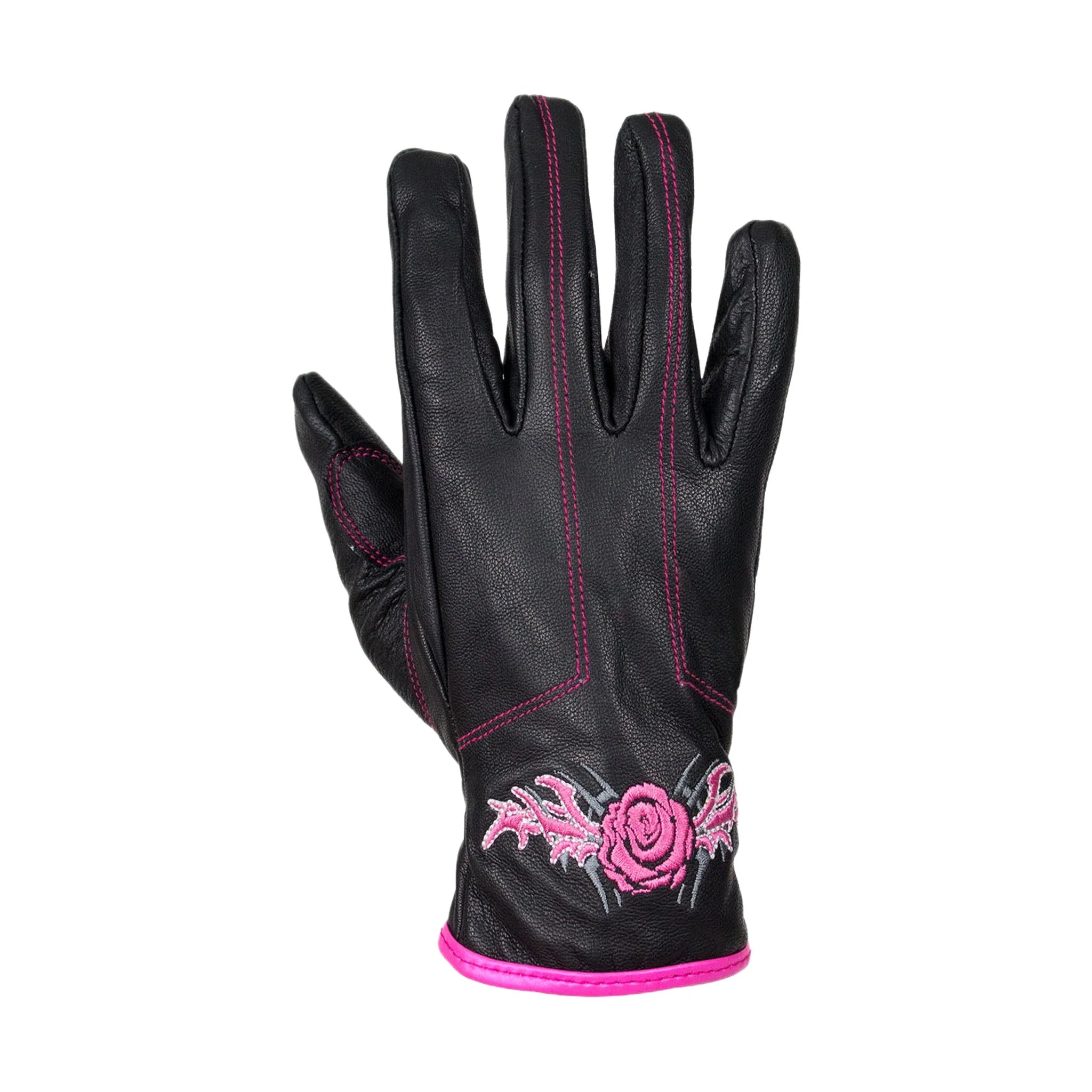 Pink-Rose Graphic Embroidered Leather Gloves - Image 4