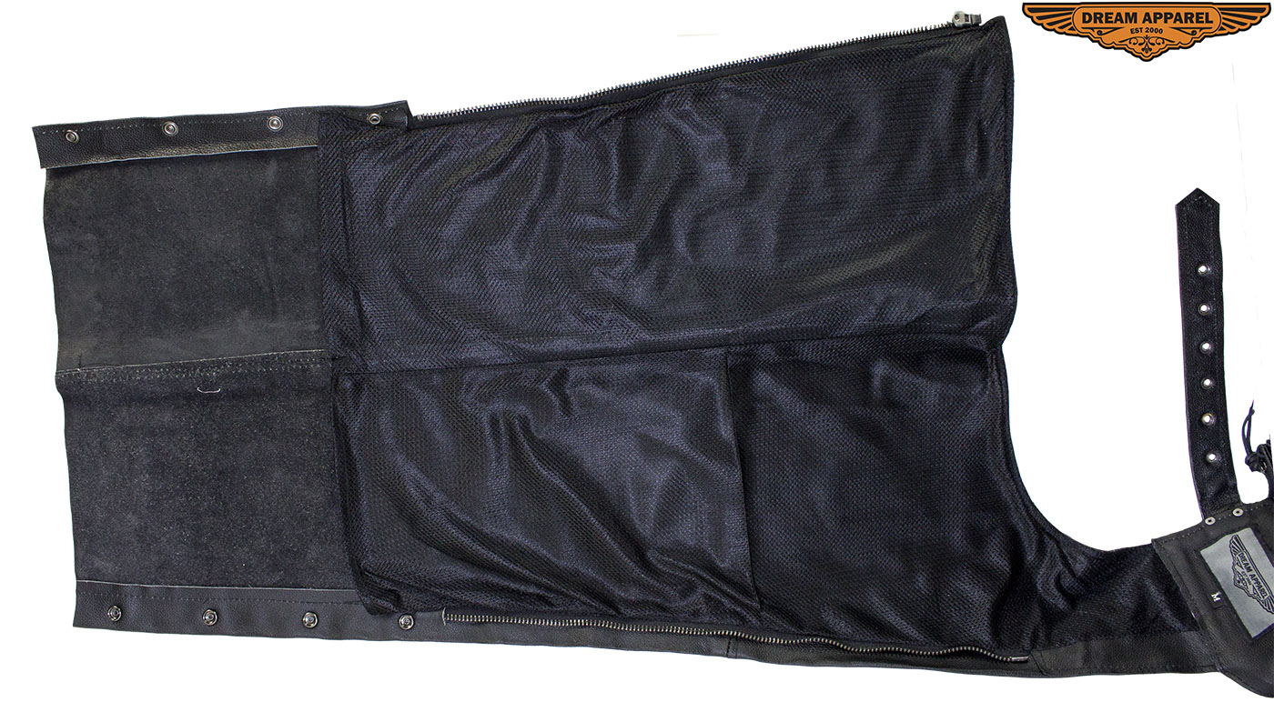 Black Naked Cowhide Leather Motorcycle Chaps with Mesh Lining Zippered Side - Image 4