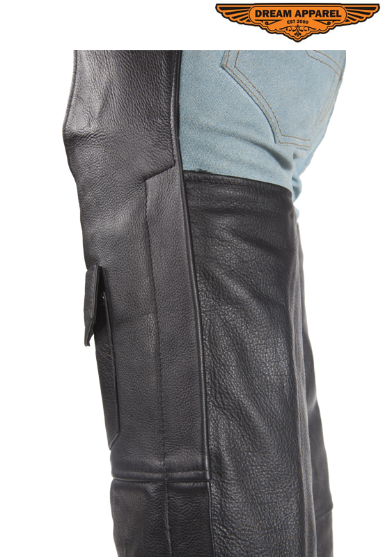 Leather Chaps Black Top Grain Split Cowhide Zipper Snap Leg Straps - Image 4
