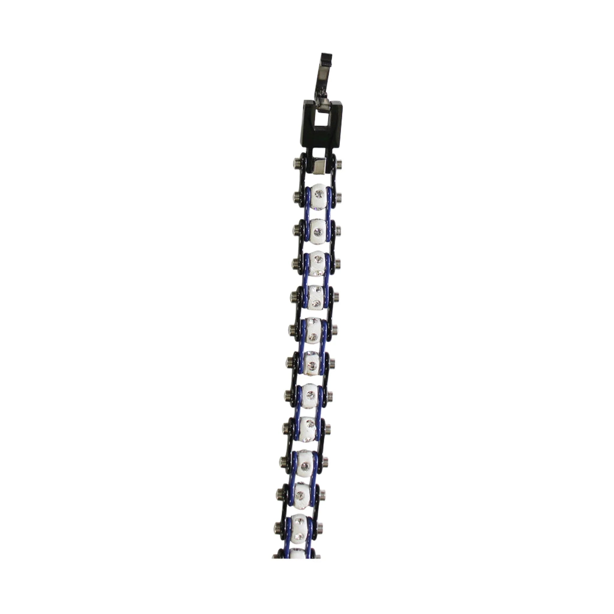Black Chrome and Blue Squared Motorcycle Bracelet With Clear Gemstones - Image 5