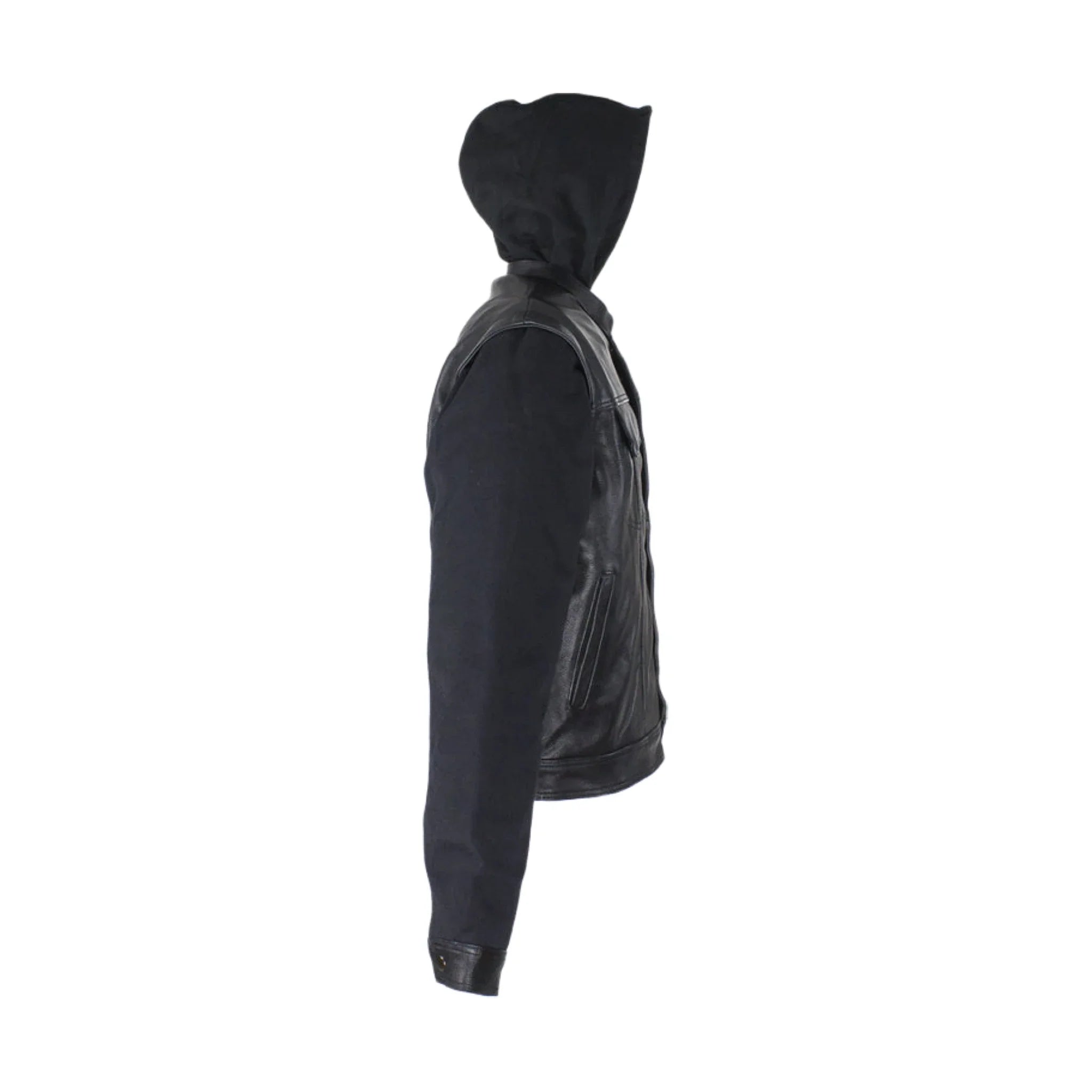 Black Leather Jacket Naked Cowhide Removable Canvas Sleeves Hoodie Concealed Gun - Image 5