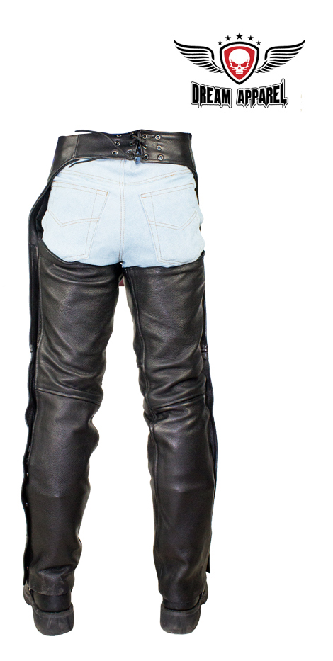 Black Split Cowhide Leather Motorcycle Chaps with Mesh Lining and Pockets - Image 5