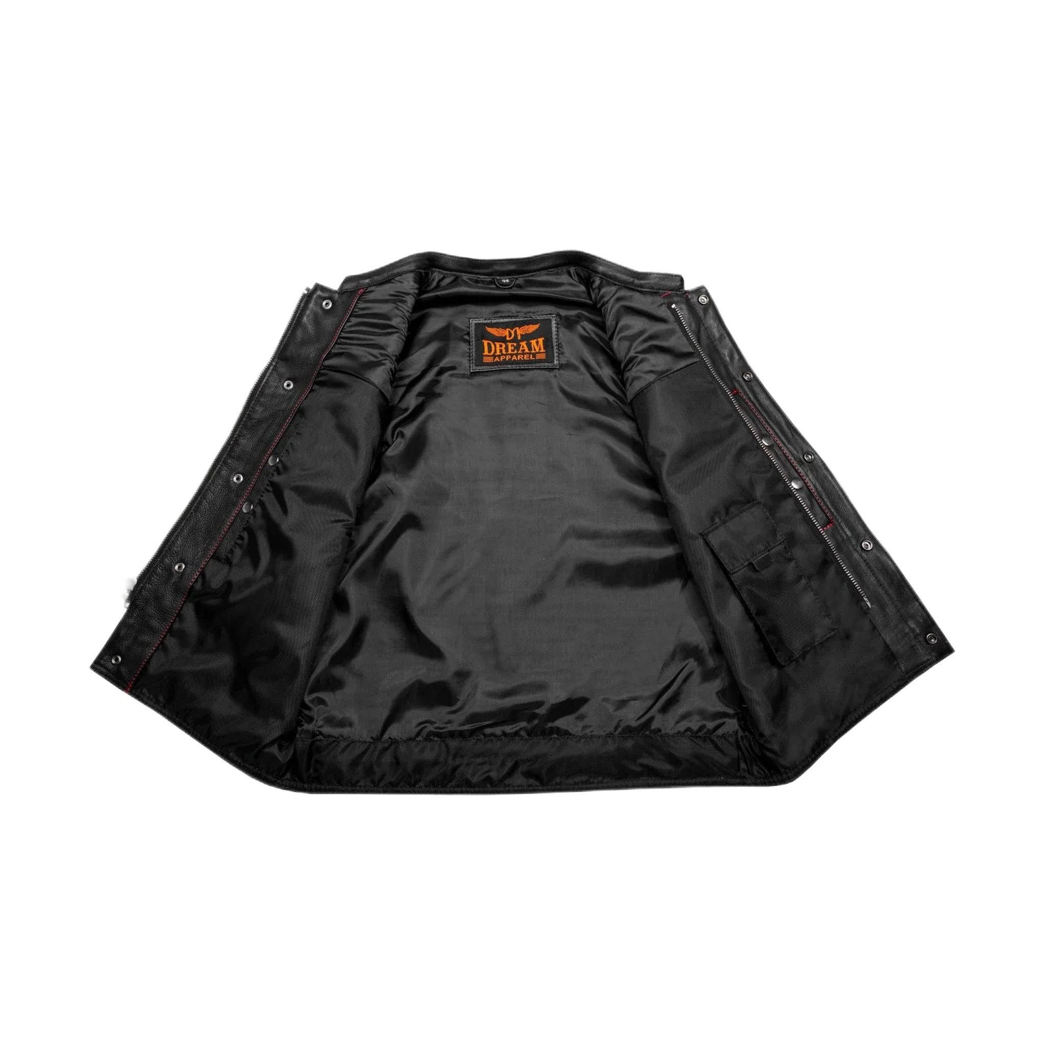 Mens Naked Leather Motorcycle Club Vest Red Thread Zipper Front, Diamond Padding - Image 5