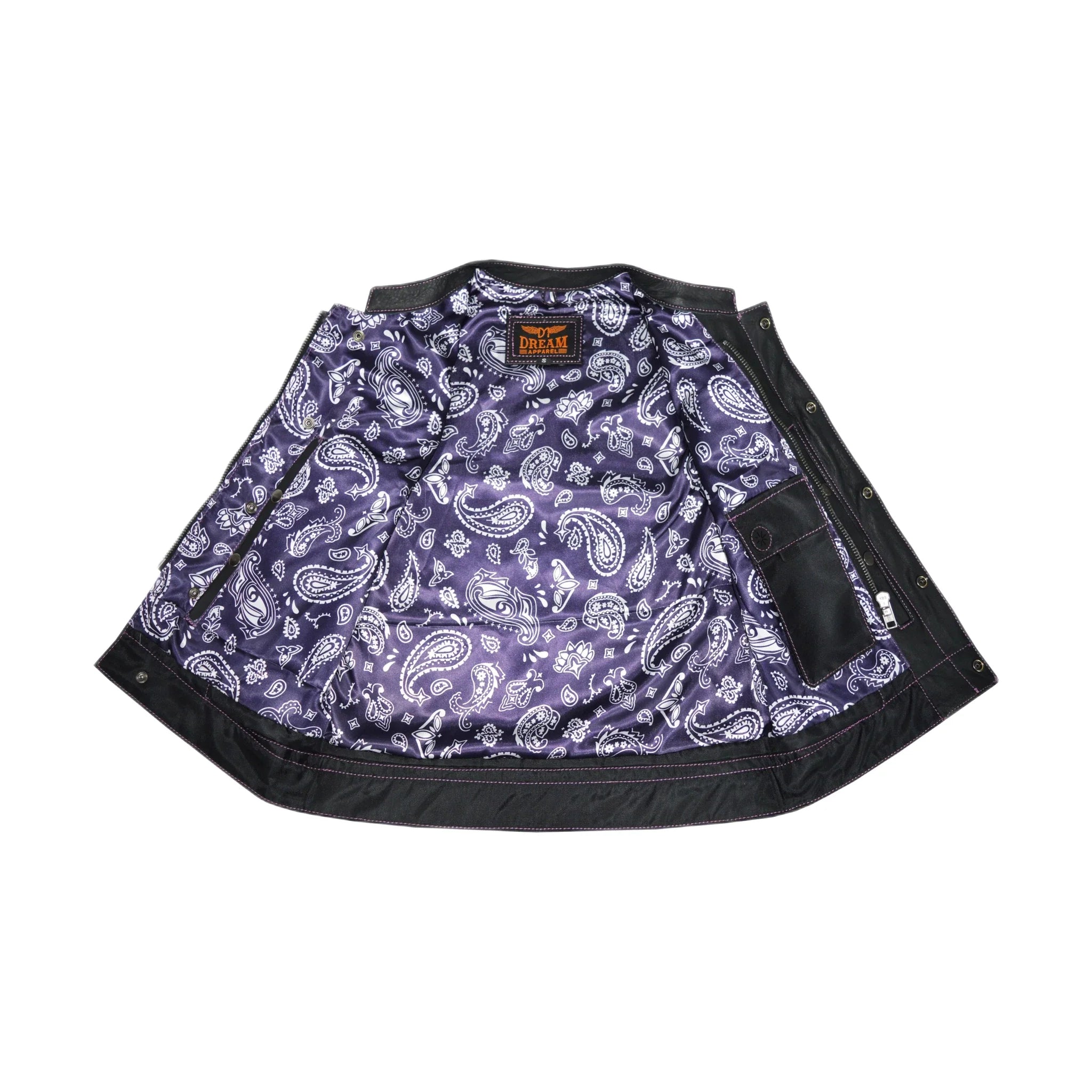 Ladies Motorcycle Leather CLUB VEST Premium Cowhide Leather Purple Paisley Lined - Image 5