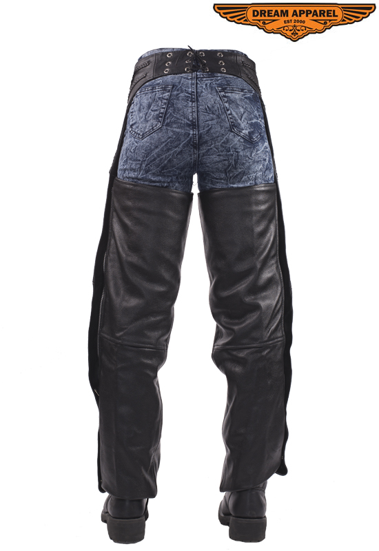 Leather Braided Motorcycle Chaps Black Cowhide Heavy Duty Quilted Lining - Image 5