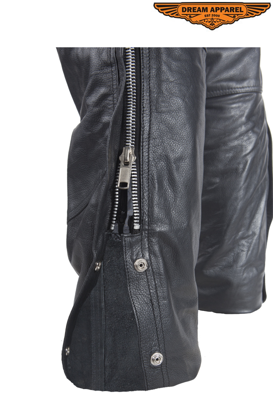 Cowhide Leather Motorcycle Chaps Black Zip Snap Closure Belt Lacing - Image 5
