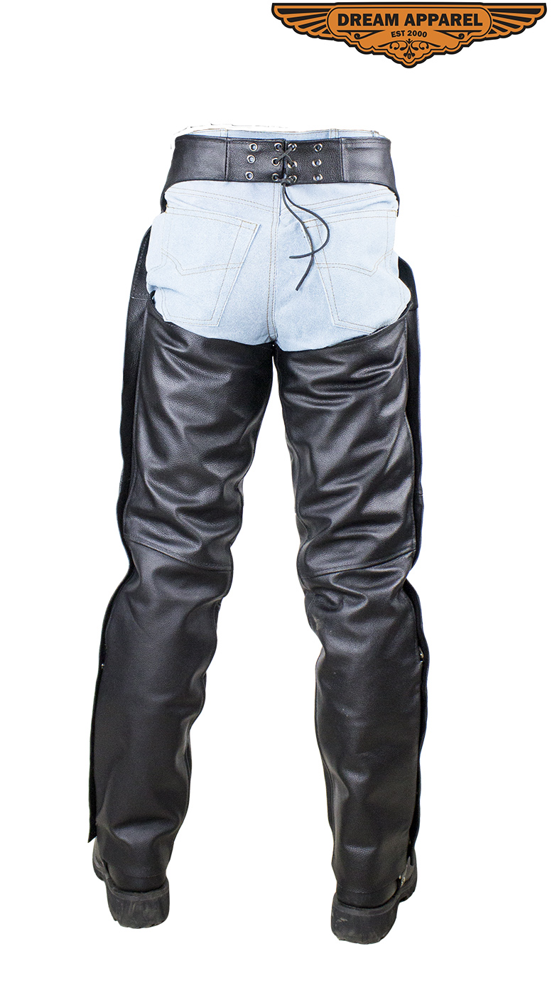 Black Naked Cowhide Leather Motorcycle Chaps with Mesh Lining Zippered Side - Image 5