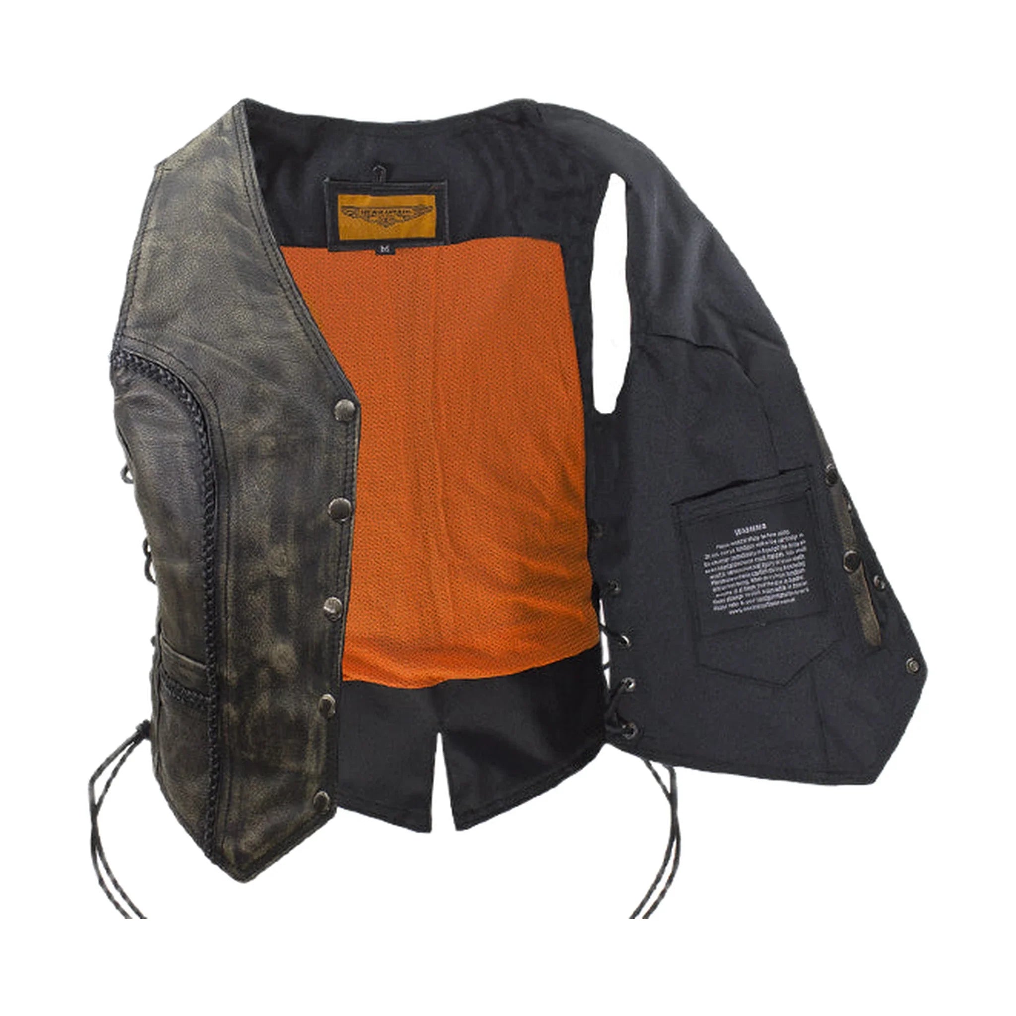 Dream Apparel Womens Longer Cut Distressed Brown Cowhide Leather Motorcycle Vest - Image 6