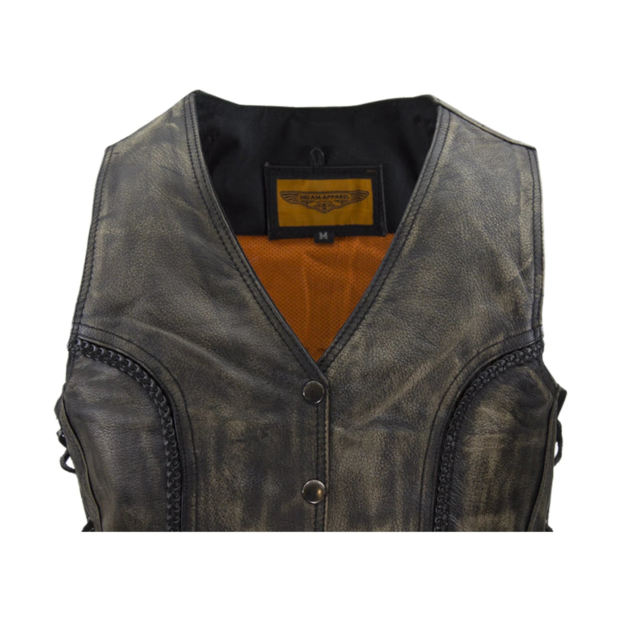 Dream Apparel Womens Longer Cut Distressed Brown Cowhide Leather Motorcycle Vest - Image 8