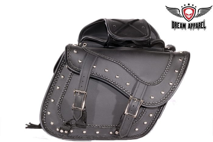PVC Motorcycle Saddlebag With Braid Studs Universal Fit Waterproof 12x6x9.5