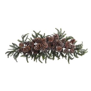 28 Inch Iced Pine Cone Swag Holiday Decor Green Foliage Table Accent
