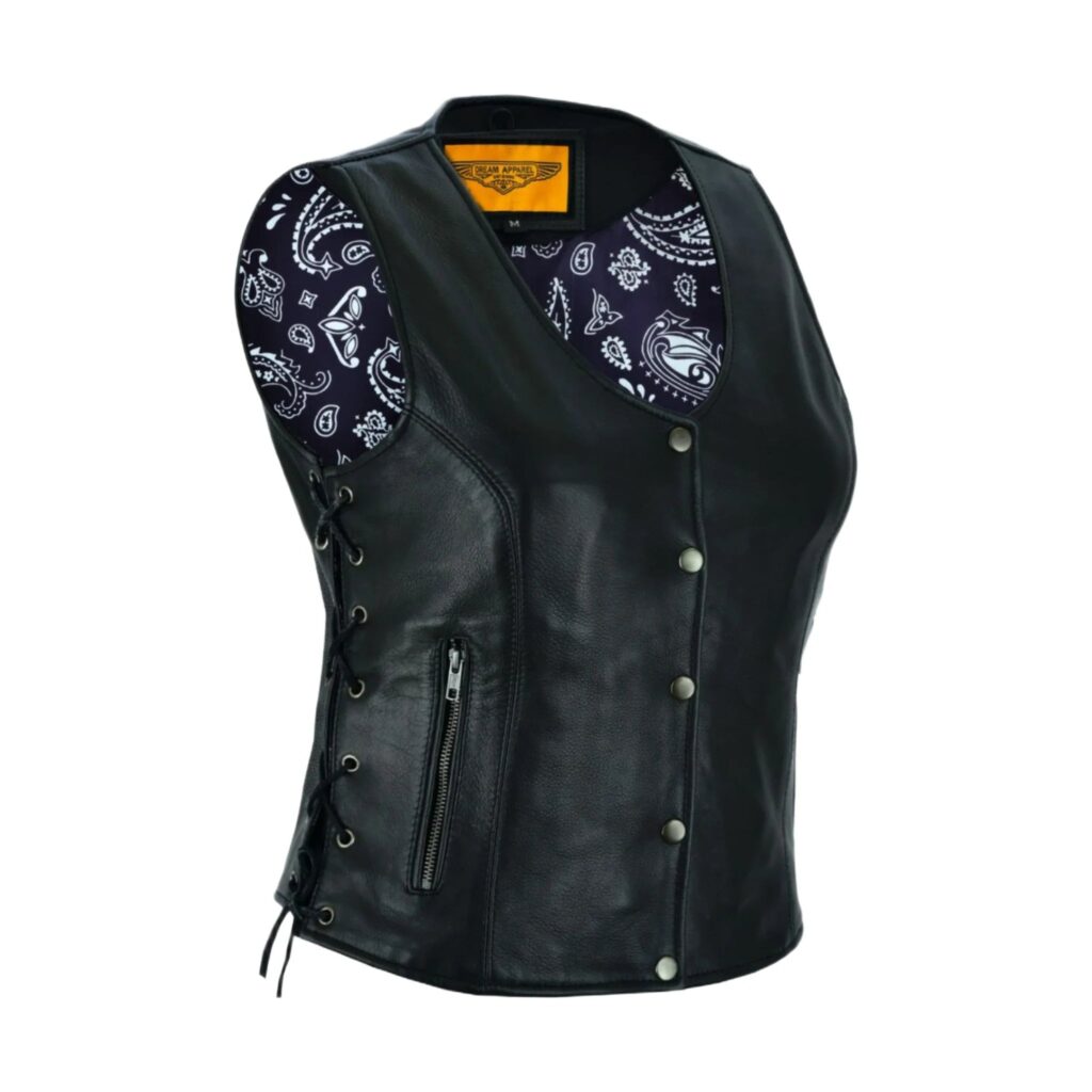 Women Vest Purp Paisley Lining Side Laces Conceal Pockets