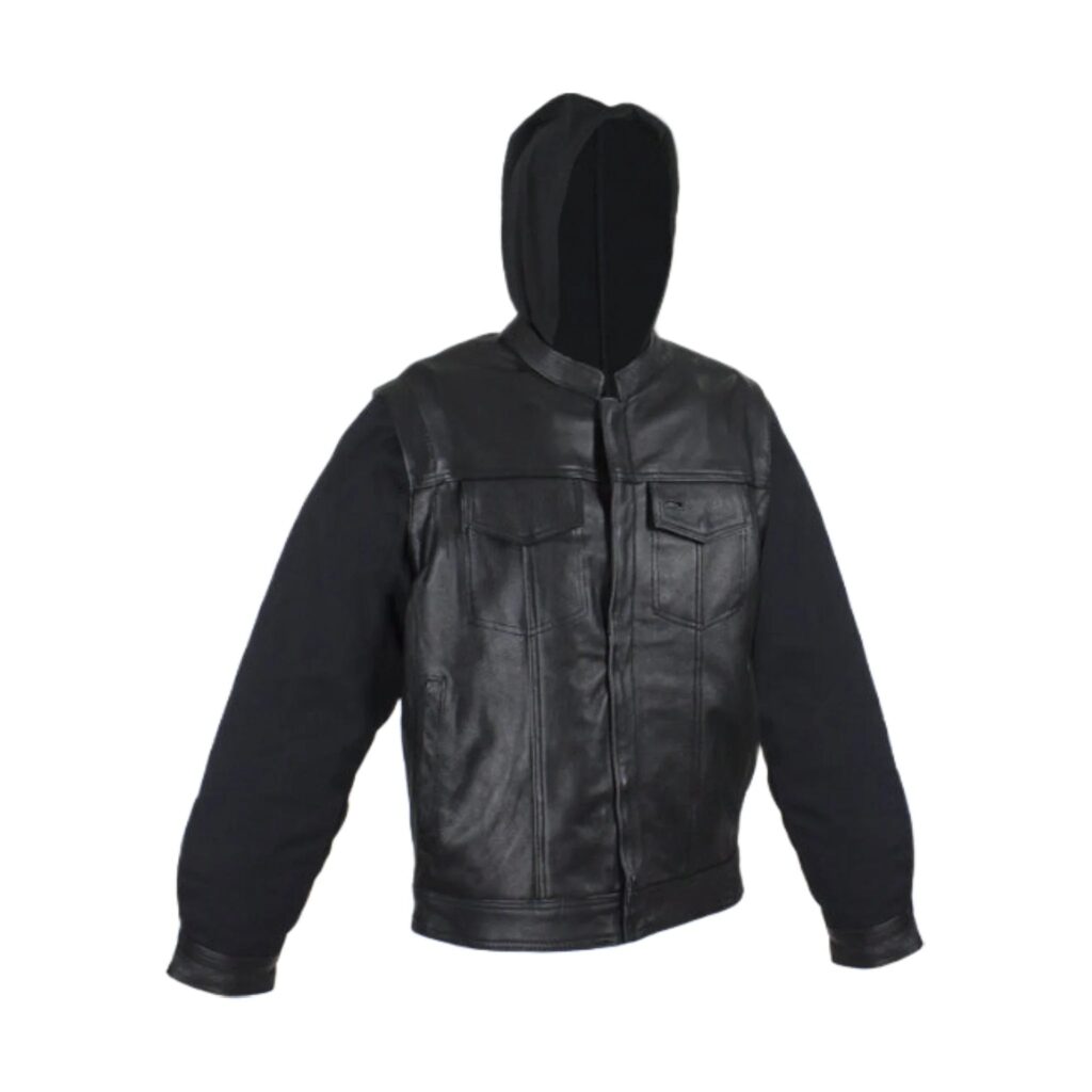 Black Leather Jacket Naked Cowhide Removable Canvas Sleeves Hoodie Concealed Gun