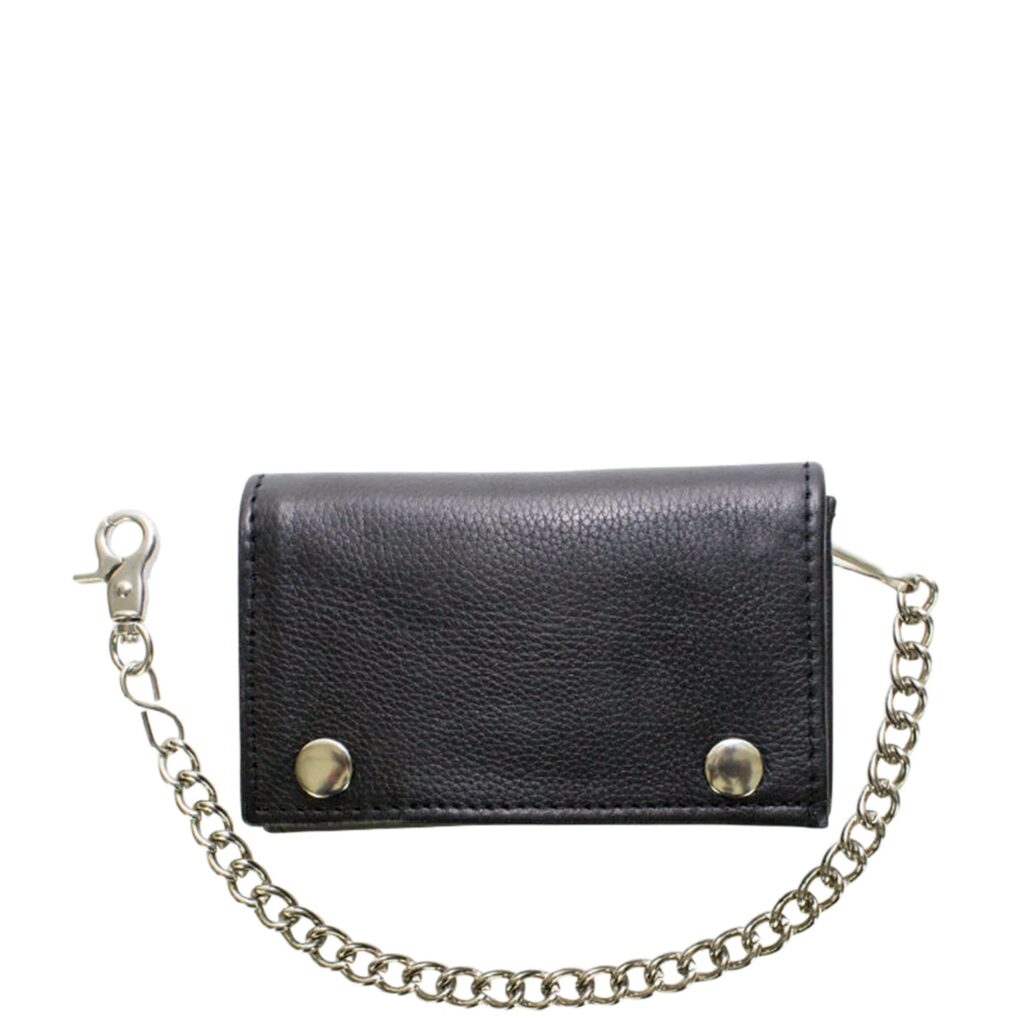 Black Naked Cowhide Leather Heavy Duty Biker Trifold Chain Wallet with Snaps