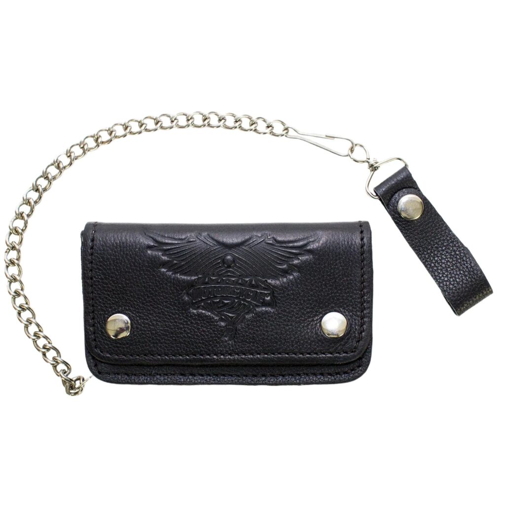 Black Naked Cowhide Leather Winged V-Twin Engine Multi-Pocket Wallet