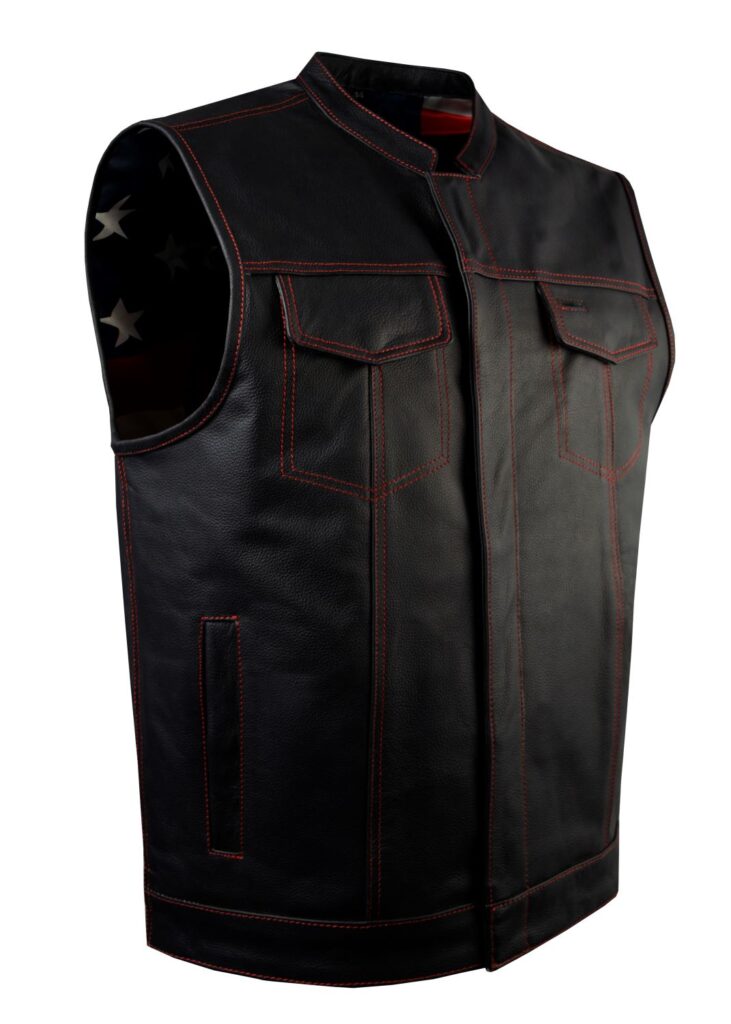 Men's Heavy Duty Club Vest Premium Cowhide Leather USA Flag Lining Red Thread