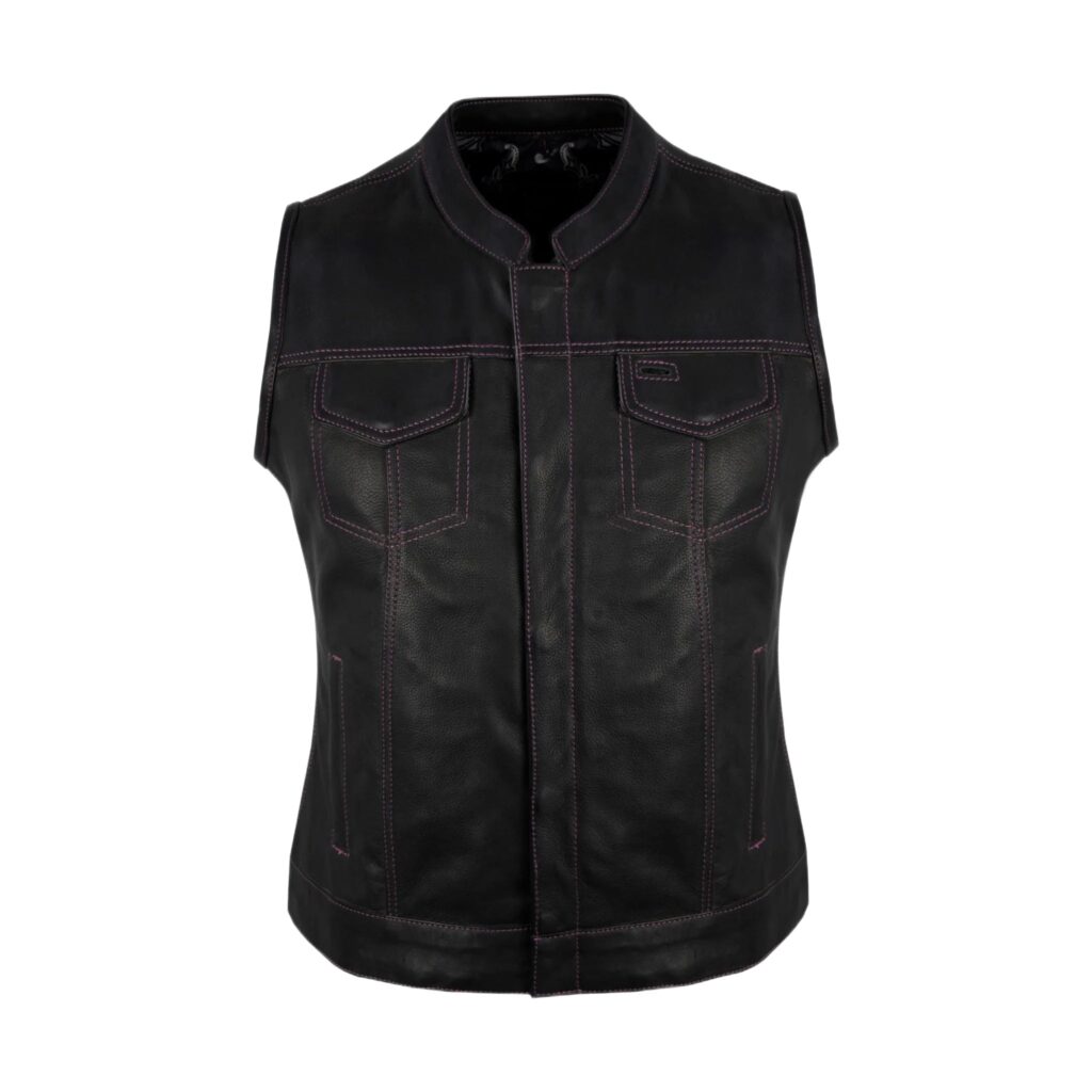Ladies Motorcycle Leather CLUB VEST Purple Thread, Purple Paisley Lining